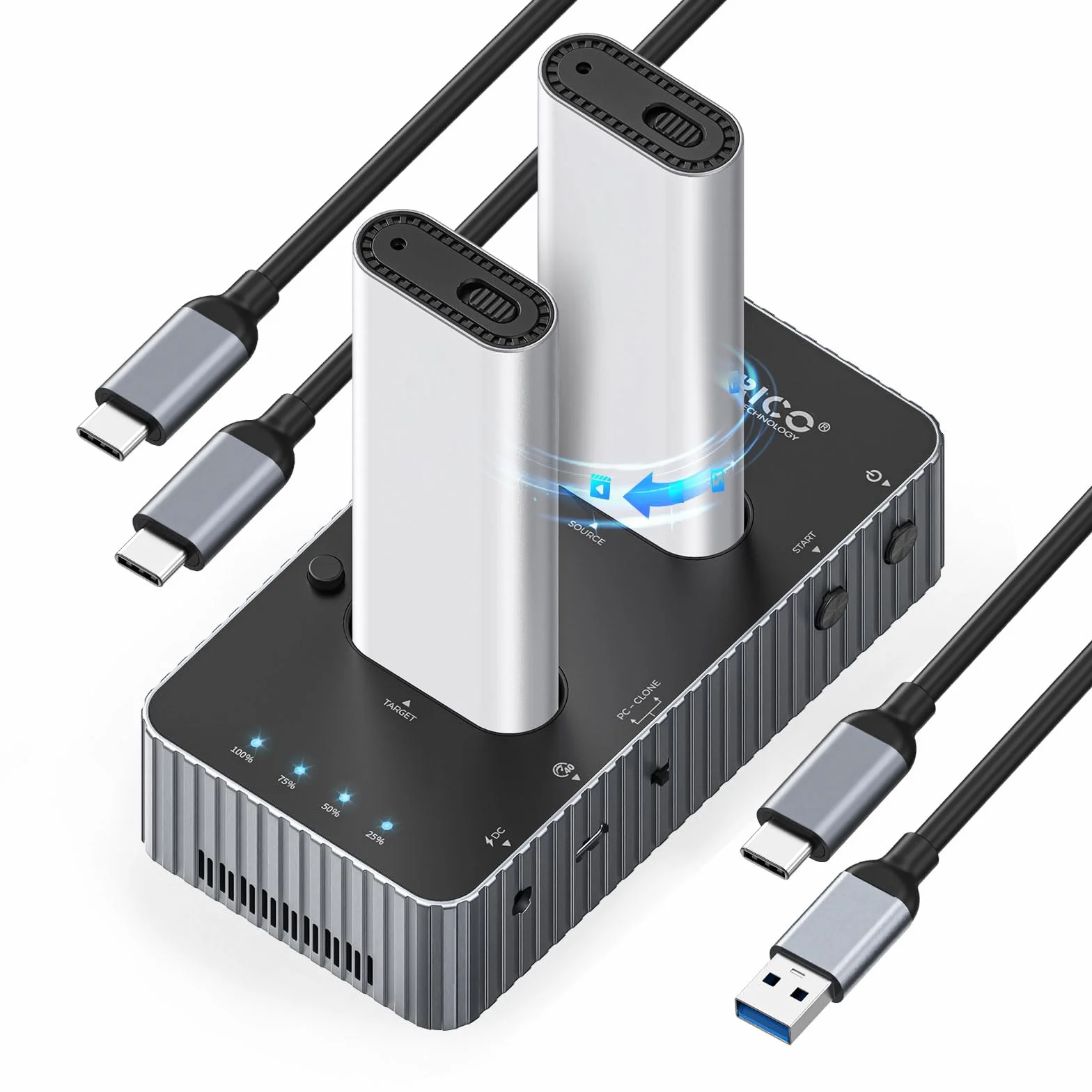 ORICO M.2 NVMe SSD Clone Stacja dokująca, 40 Gbps M2 NVMe SSD Cloner Dock, Dual Bay M.2 NVMe SSD stacja dokująca z wentylatorem, obsługuje klonowanie offline, kompatybilna z NVMe SSD 2230/2242/2260
