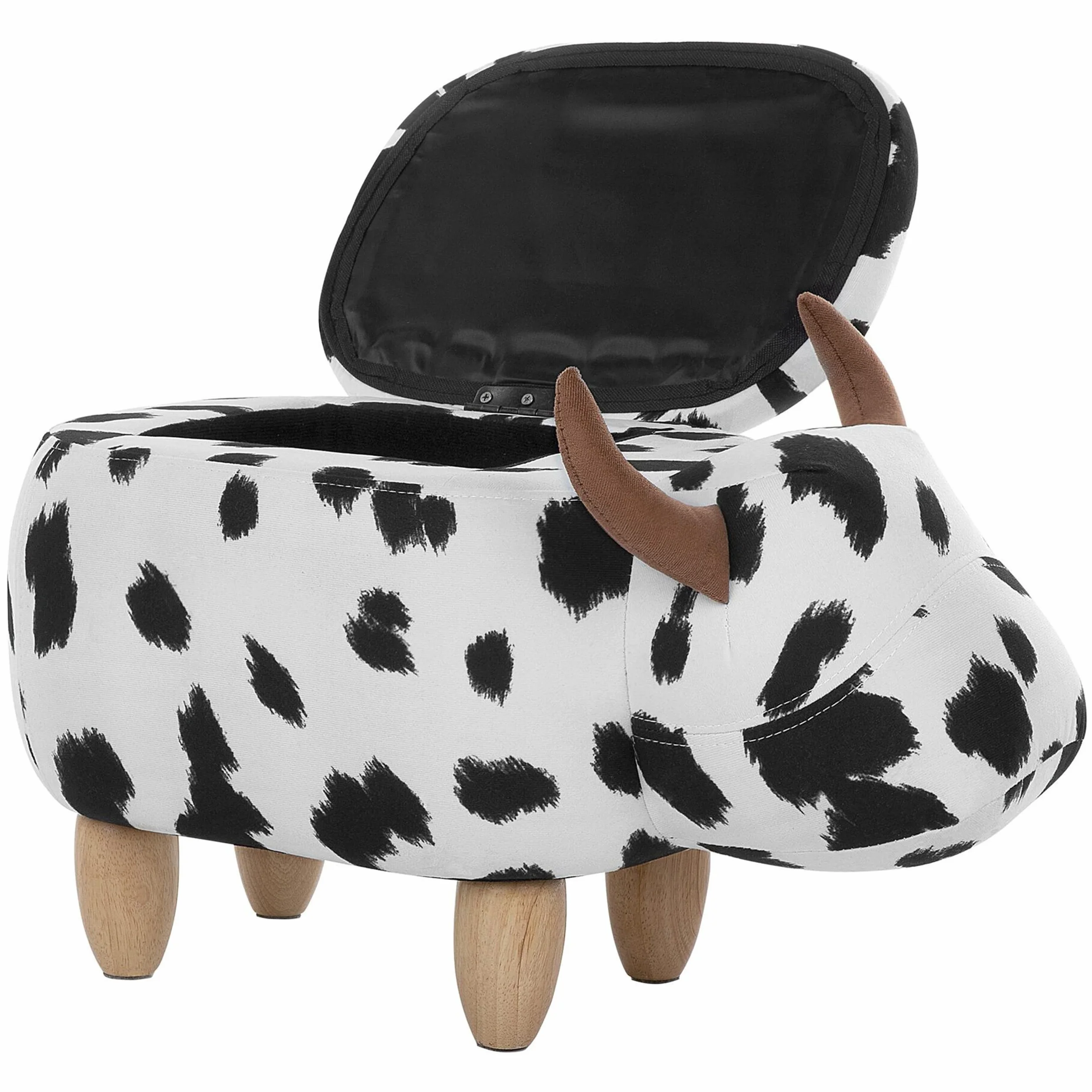 Pufa dla dzieci czarno-biała w łaty ze schowkiem drewniane nóżki Cow