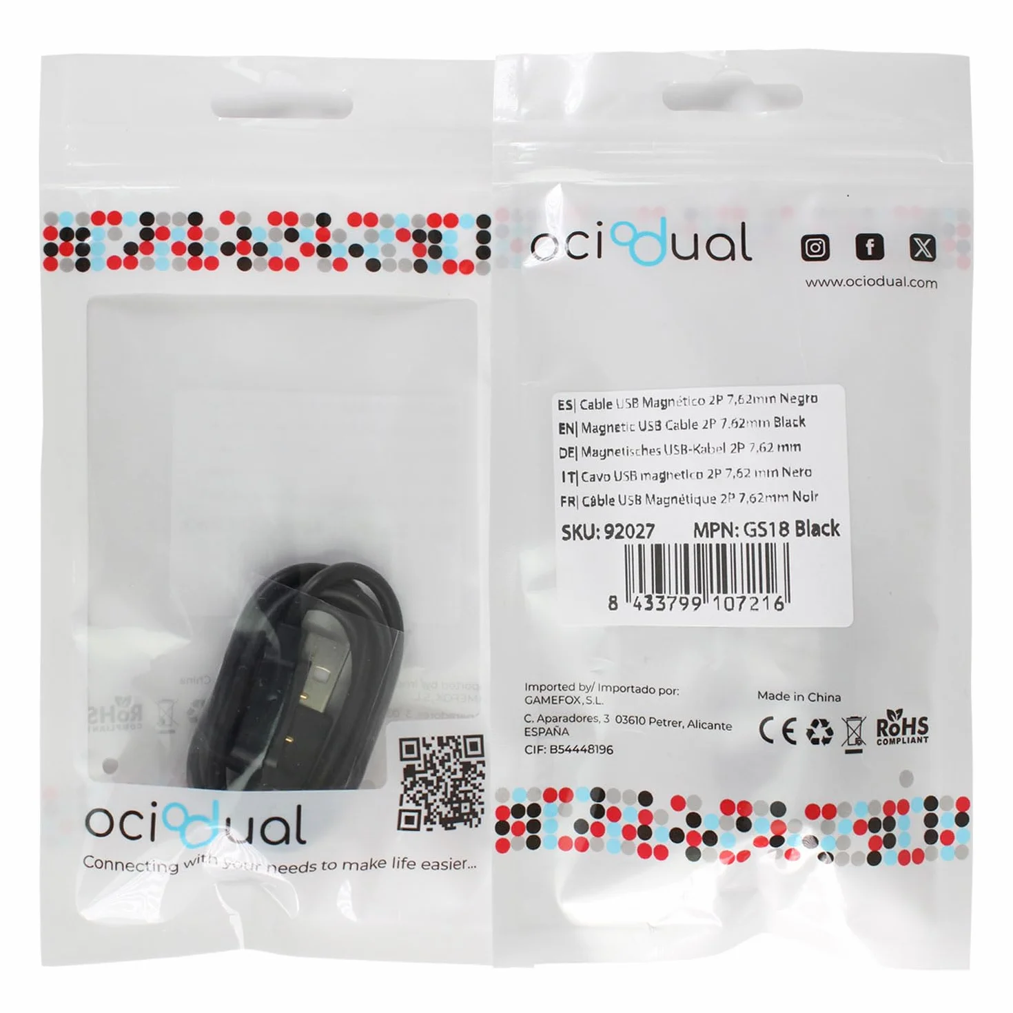 OcioDual Magnetyczna ładowarka USB kabel 2-biegunowy Pitch 7,62 mm do smartwatcha - czarny akcesoria