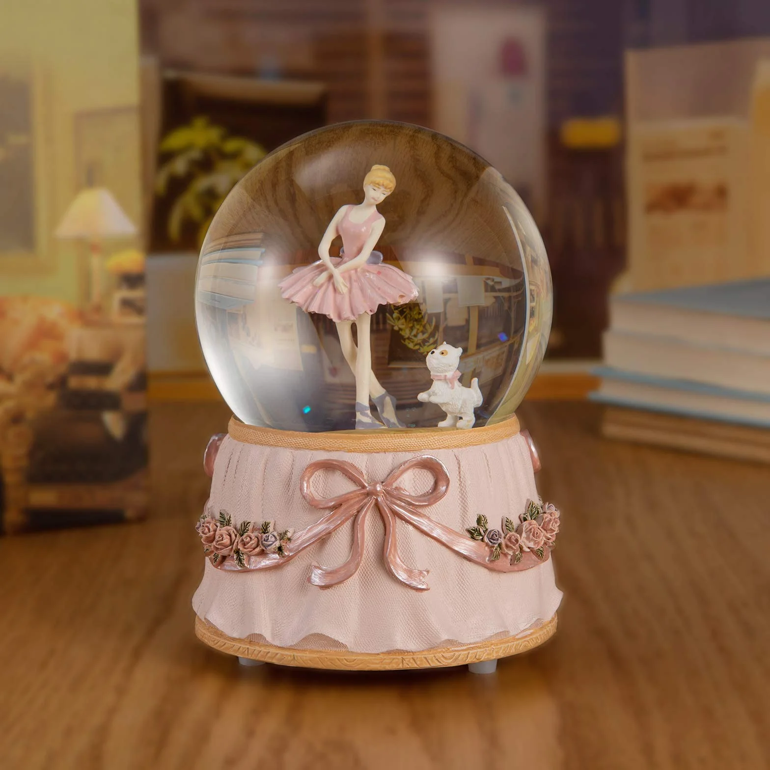 Szklana kula śnieżna balerina 10 cm grająca muzyka balet tańcząca dziewczyna ze szczeniakiem