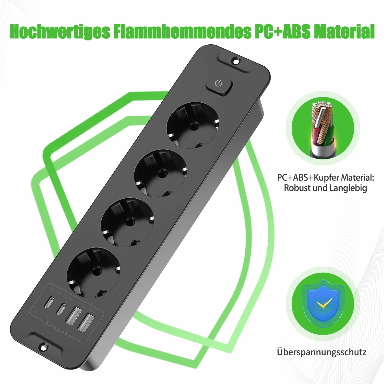 Listwa zasilająca stołowa z 4 gniazdami wtykowymi z 2 portami USB i 2 typami C, wpuszczane gniazdko z kablem 2 m, 250 V/16 A, do mebli lub powierzchni roboczych, czarna