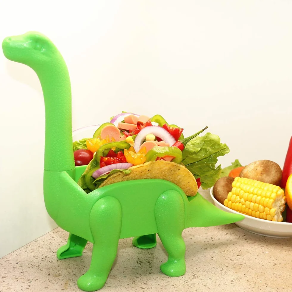 Plastikowy stojak na taco w kształcie dinozaura, długi, do serwowania jedzenia, jasnozielony