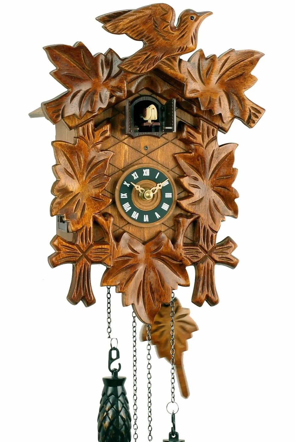 Zegarek kukułczy z Lasu Czarnego wykonany z prawdziwego drewna, z mechanizmem kwarcowym zasilanym baterią, z kukułką i mechanizmem muzycznym, 30 cm, zdobiony pięcioma liśćmi, od Uhren-Park Eble