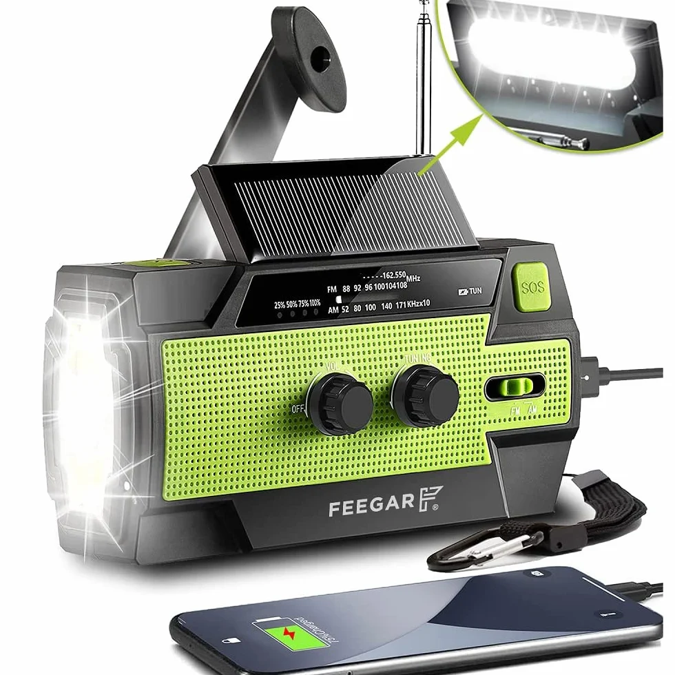 Radio z korbą ręczną Feegar Oze 2 Pro na wypadek sytuacji awaryjnych, radio pogodowe AM/FM przenośne radio survivalowe z latarką LED, ładowarką do telefonu komórkowego, alarmem SOS do domu 4000 mAh