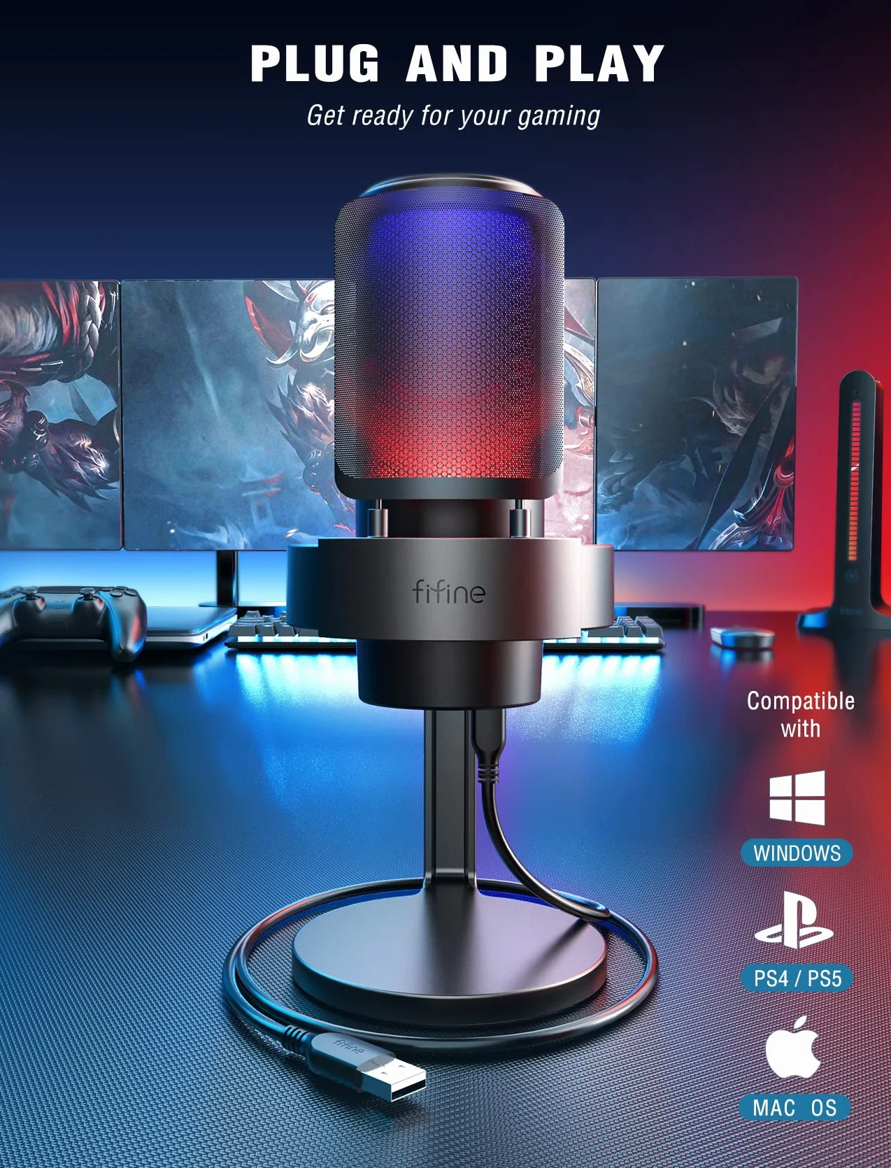 FIFINE Mikrofon PC USBC Do Streamingu Gier, Studia Podcastów, USB PS4 PS5 MAC - Ze Sterowaniem RGB, Przełącznik Wyciszenia, Gniazdo Słuchawkowe, Filtr Pop - A8