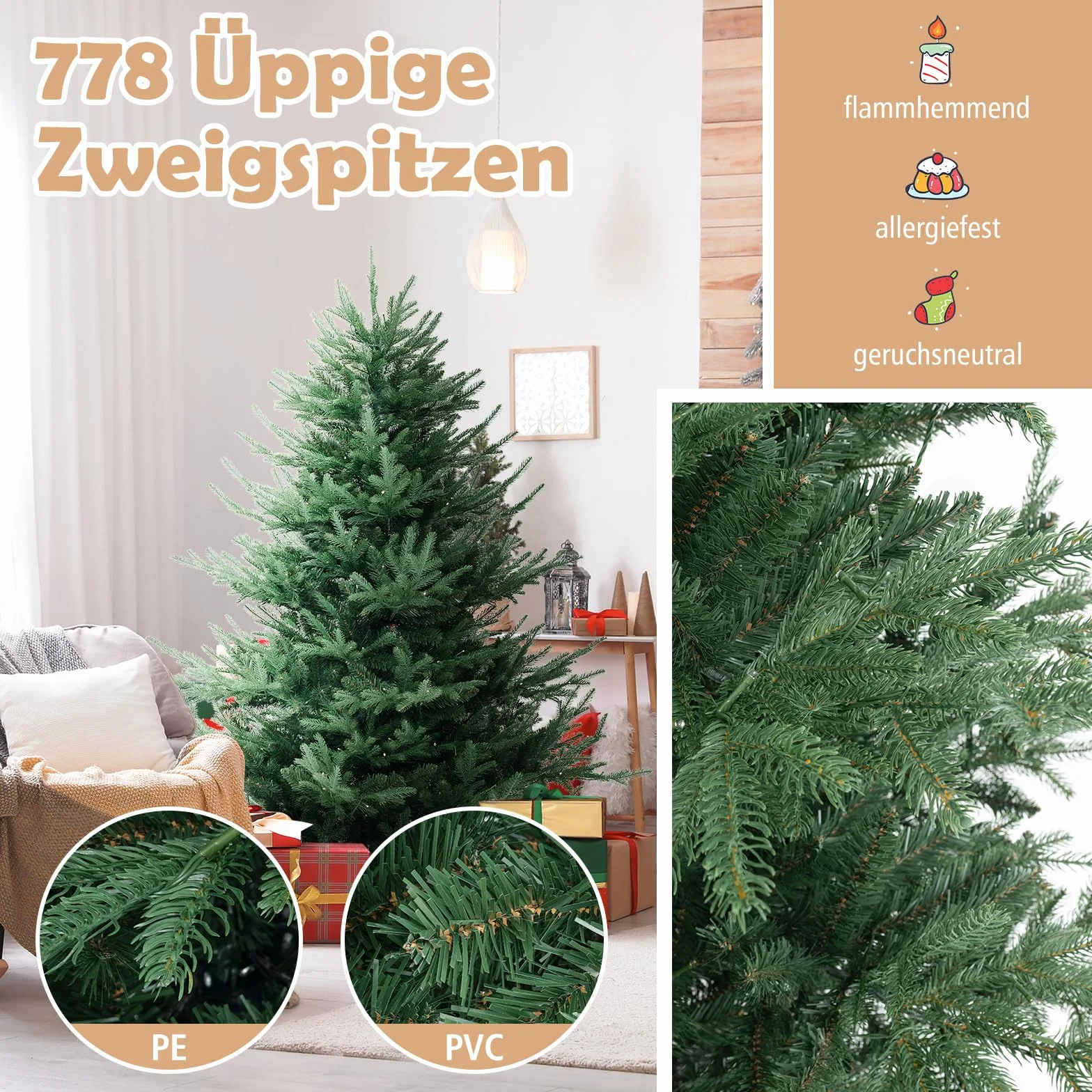COSTWAY Sztuczna choinka 180 cm LED 240 diod ciepła biel 8 trybów