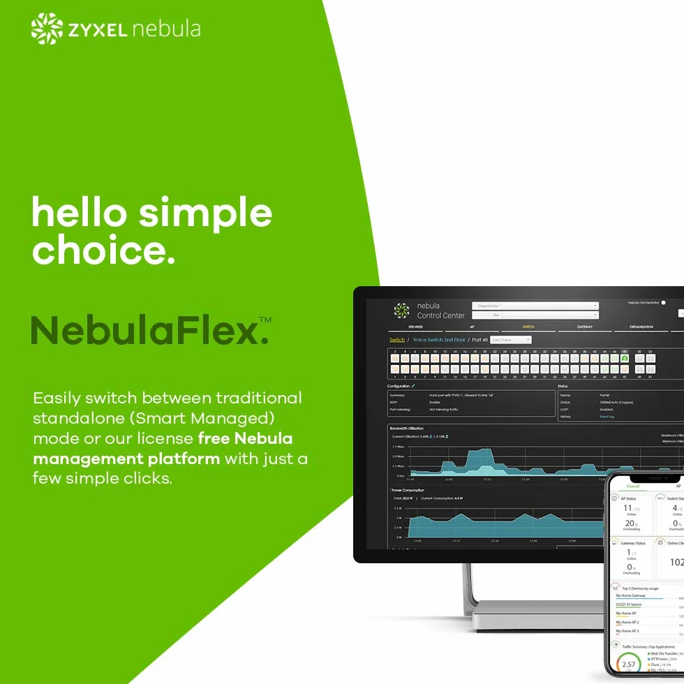 Zyxel Nebula 24-portowy inteligentny zarządzany przełącznik Nebula Gigabit Ethernet PoE+, moc całkowita 375 W, 4 gigabitowe porty combo, tryb chmury hybrydowej, dożywotnia gwarancja [GS1920-24HPv2]