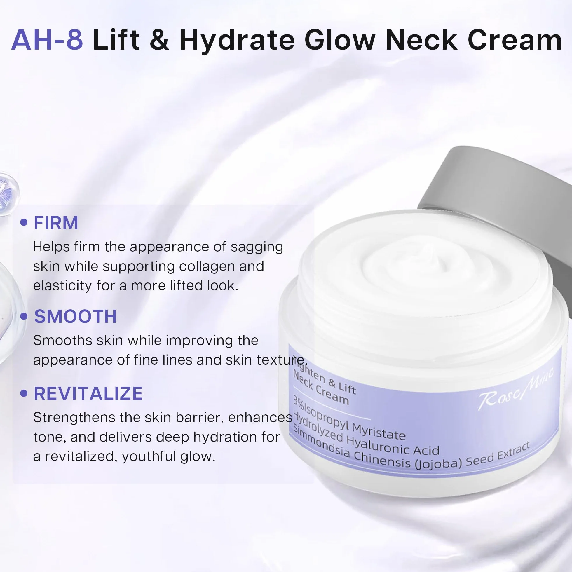 VRAIKO RoscMinc AH-8 Neck Cream, kwas hialuronowy i olejek jojoba, krem ujędrniający na szyję, nawilżający do wygładzania zmarszczek i odżywczy krem nawilżający do twarzy na szyi, klatce piersiowej