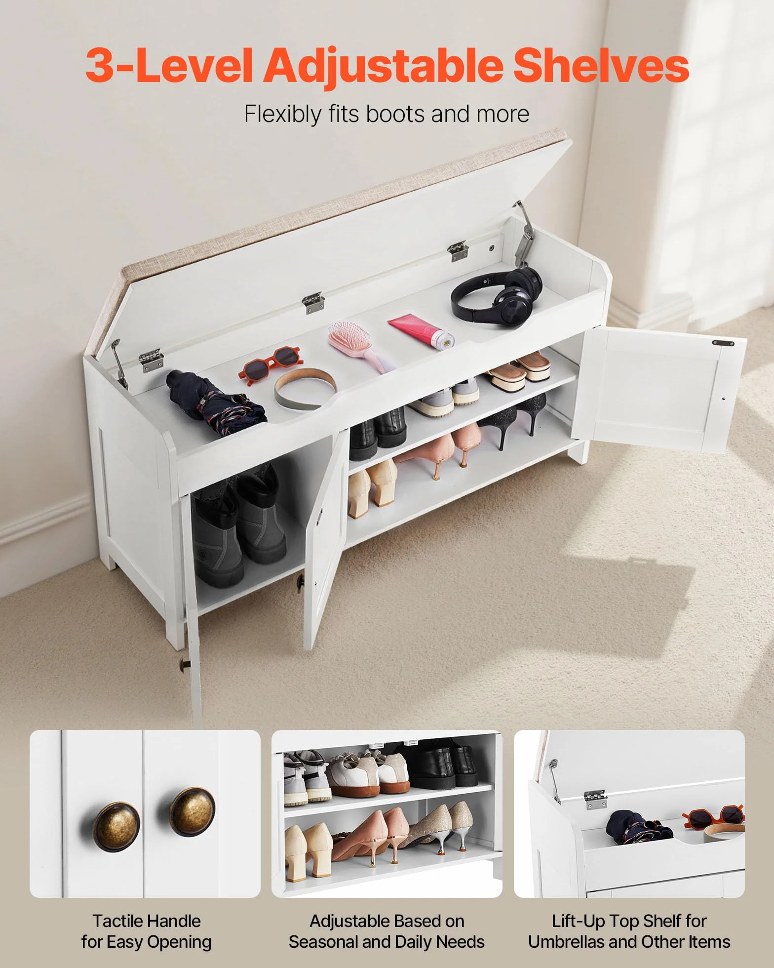 VEVOR Ławka na buty 105 x 35 x 50,3 cm, ławka wejściowa z 3 szafkami, półka z regulacją wysokości, organizer na podnoszoną tacę, poduszka do siedzenia, 113,4 kg, do sypialni, korytarza, biała i szara