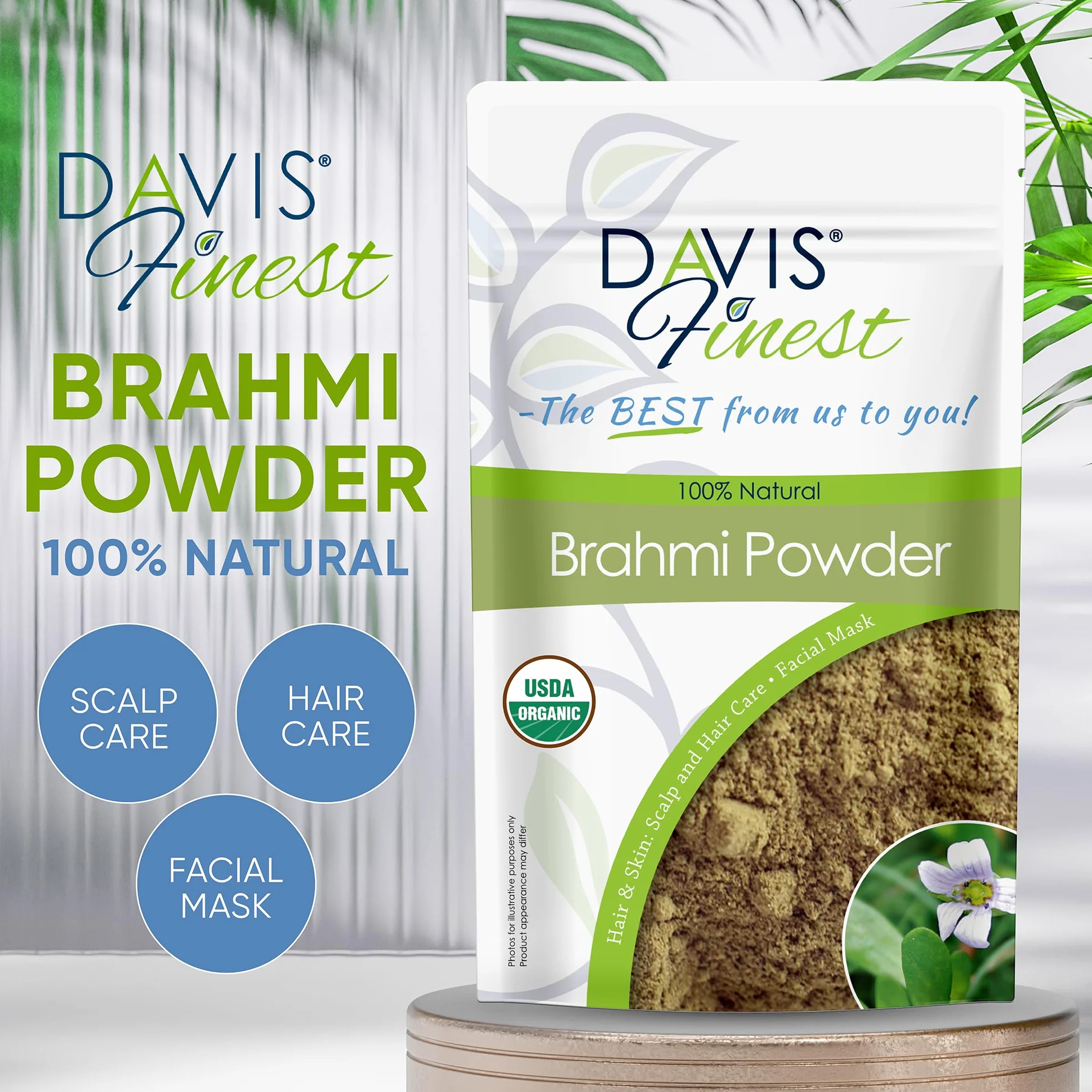 Davis Finest Organic Brahmi Powder 100 g, czysty i naturalny, ajurwedyjski, suche, zniszczone, przerzedzające się włosy, wspomaga wzrost włosów, łamliwość włosów, rozdwajanie końcówek