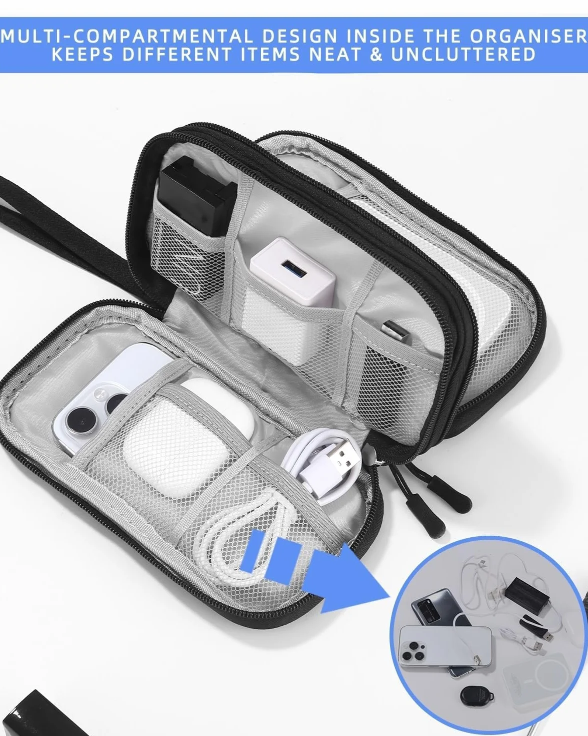 Torba na kable, torba na elektronikę, organizer na kable, torba podróżna na zasilacz, kabel, ładowarkę, powerbank, pamięć USB, organizer podróżny na kabel do ładowania telefonu komórkowego Akcesoria