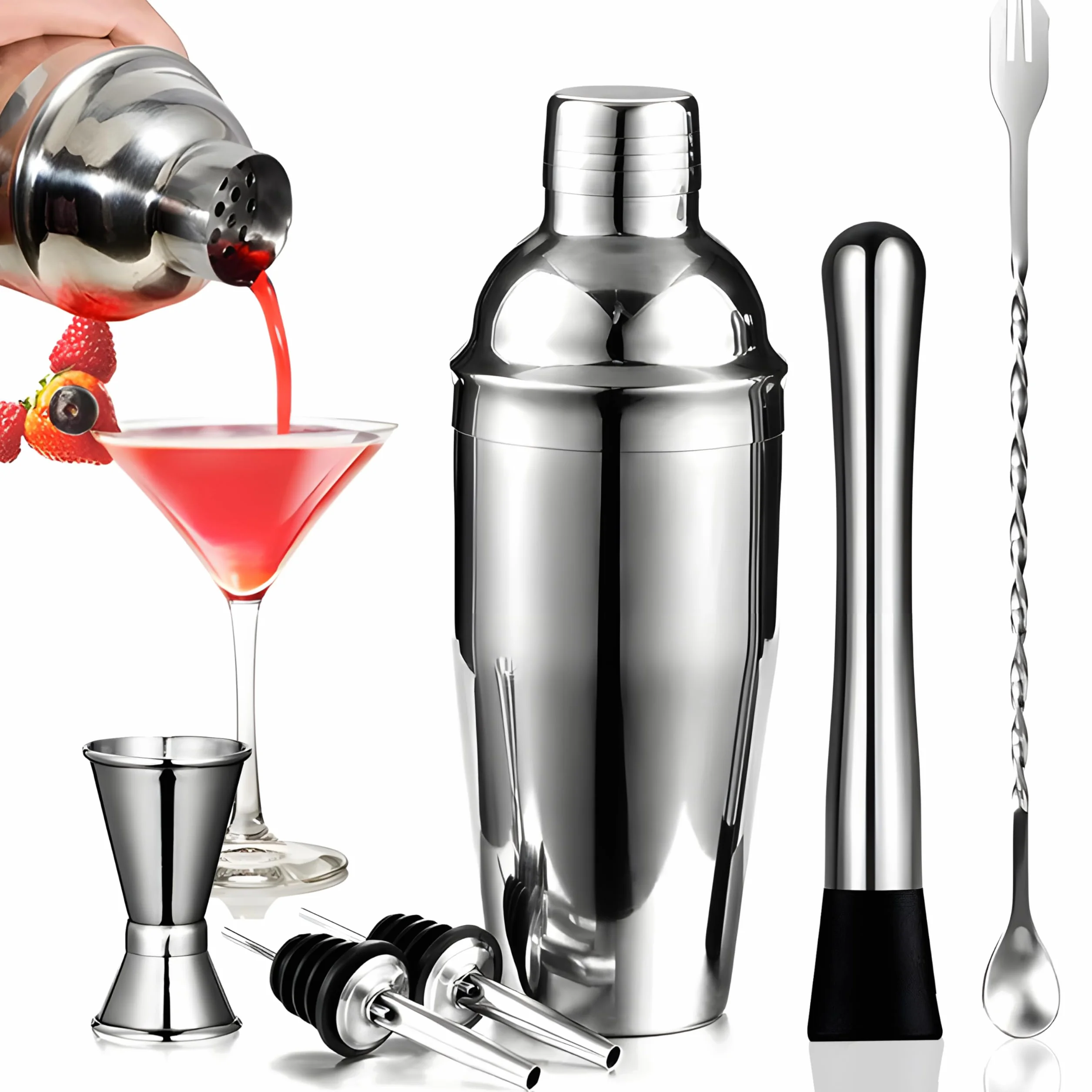 Retoo Zestaw do koktajli, shaker do koktajli, zestaw barowy ze stali nierdzewnej, 750 ml, 6-częściowy zestaw do shaker ze stali nierdzewnej, profesjonalny zestaw do mieszania koktajli, zestaw barowy