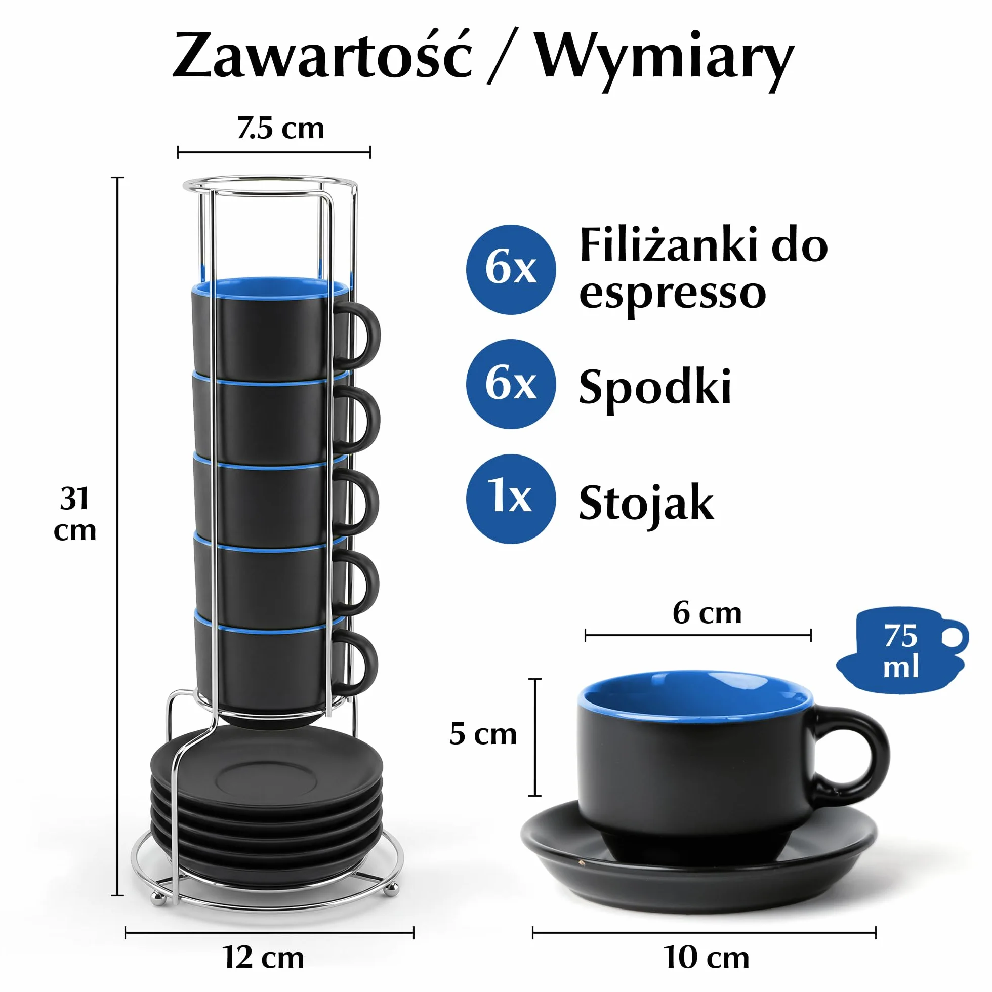MIAMIO Zestaw kubków espresso 6x75 ml kamionka czarne zewnątrz kolorowe wewnątrz Le Papillon Niebieski