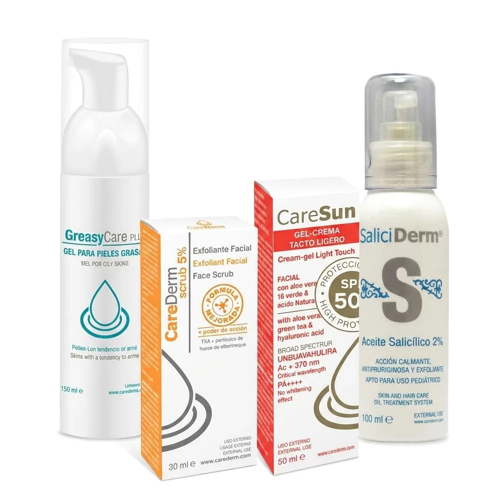 Zestaw przeciw trądzikowi | Greasycare, Saliciderm 2%, Scrub 5%, Caresun Gel Light Touch | Kompletne dla wrażliwej i niedoskonałej skóry | Antyoksydacyjny ochraniacz nawilżający | Odnowiający peeling