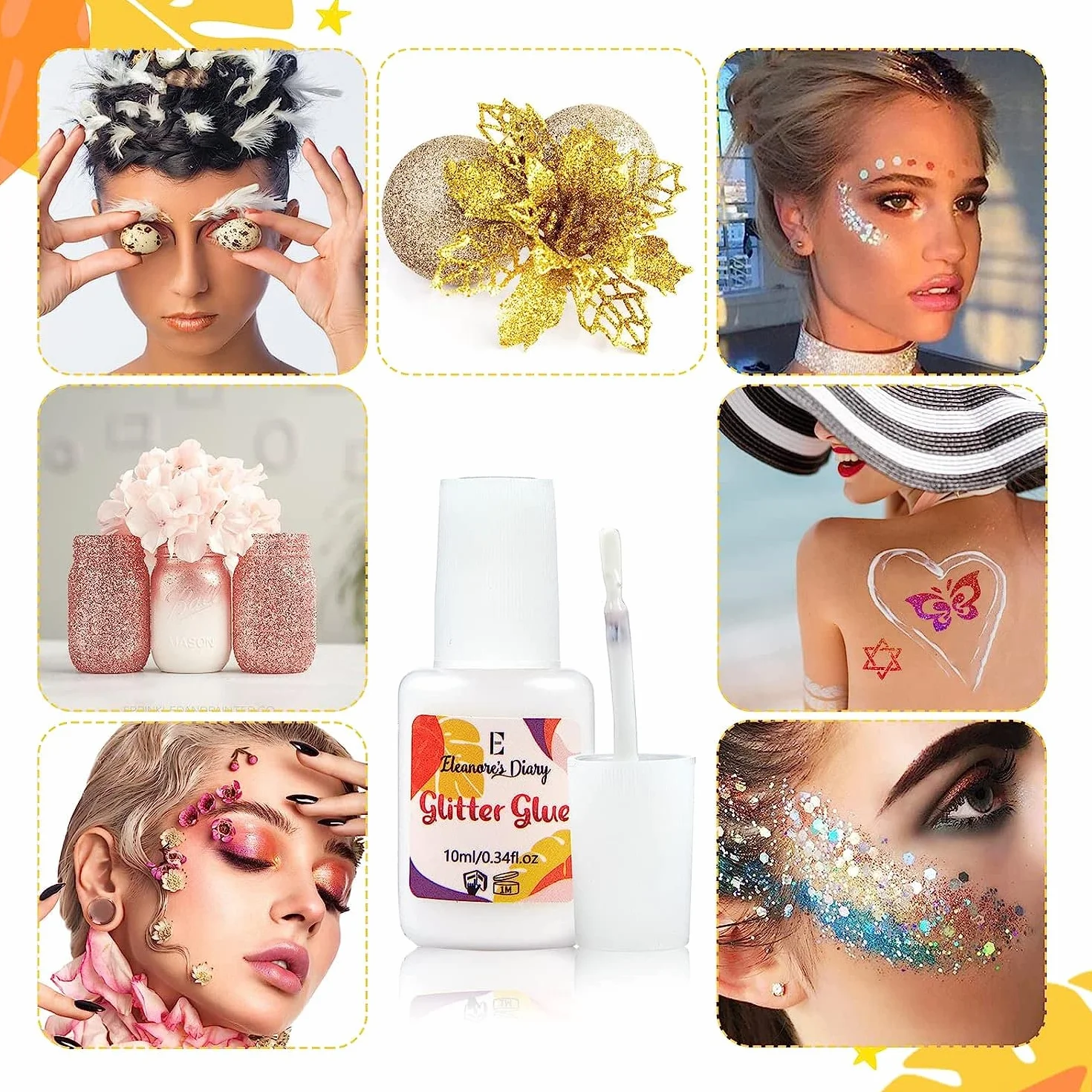 Klej do skóry z brokatem, Eleanore's Diary 10 ml*2 Glitter Glue, klej do brokatu, bezzapachowy i nietoksyczny, brokatowy klej do tatuażu na karnawał, makijaż, Halloween, Boże Narodzenie, cosplay