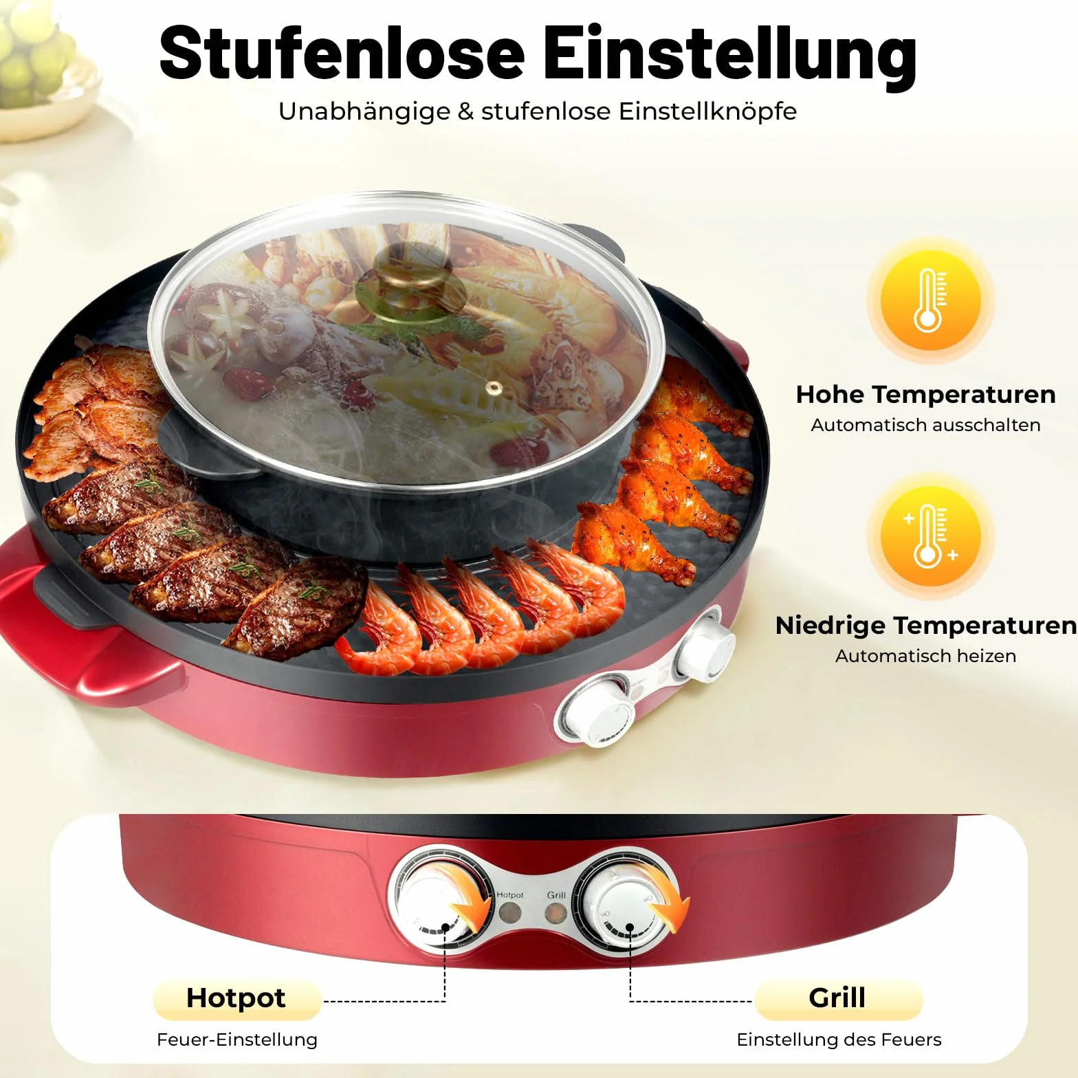 Elektryczny grill i zestaw do fondue 2200 W 44 cm powłoka nieprzywierająca Hot Pot płyta grillowa czerwony