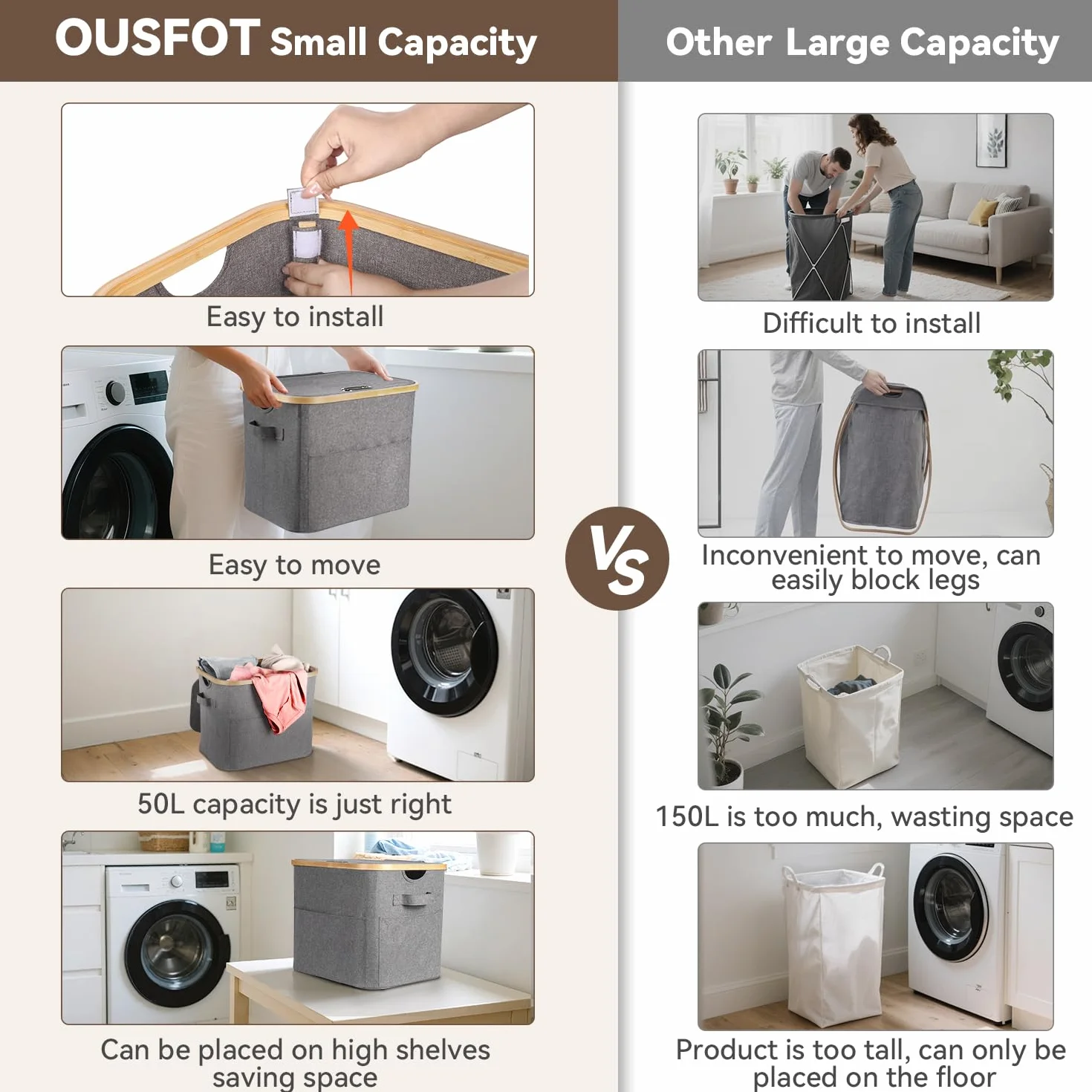 OUSFOT Kosz na brudną bieliznę 50 l, łatwy montaż kosza na bieliznę z uchwytami, 600D Oxford Fabric Brodzik, kosz na pranie do sypialni, pokoju dziecięcego, łazienki, szary