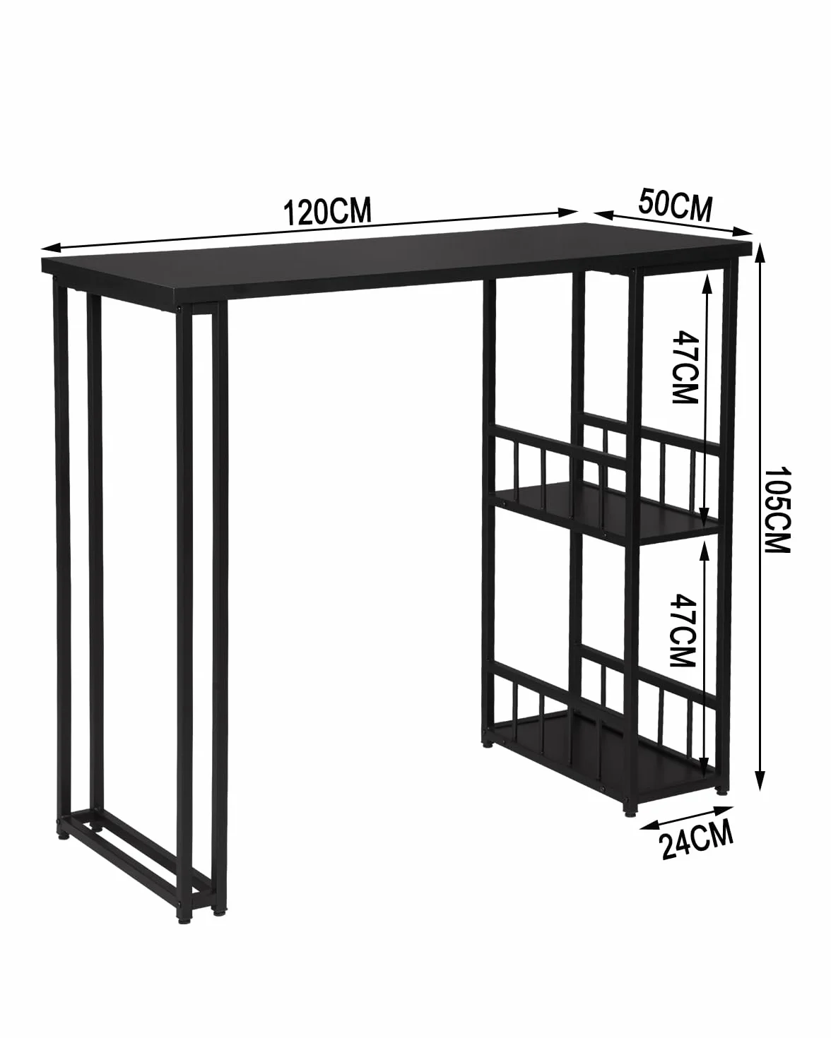 WOLTU BT25sz Stolik Barowy Bistro 120x50x105 cm Czarny Metalowy Stelaż MDF 2 Półki