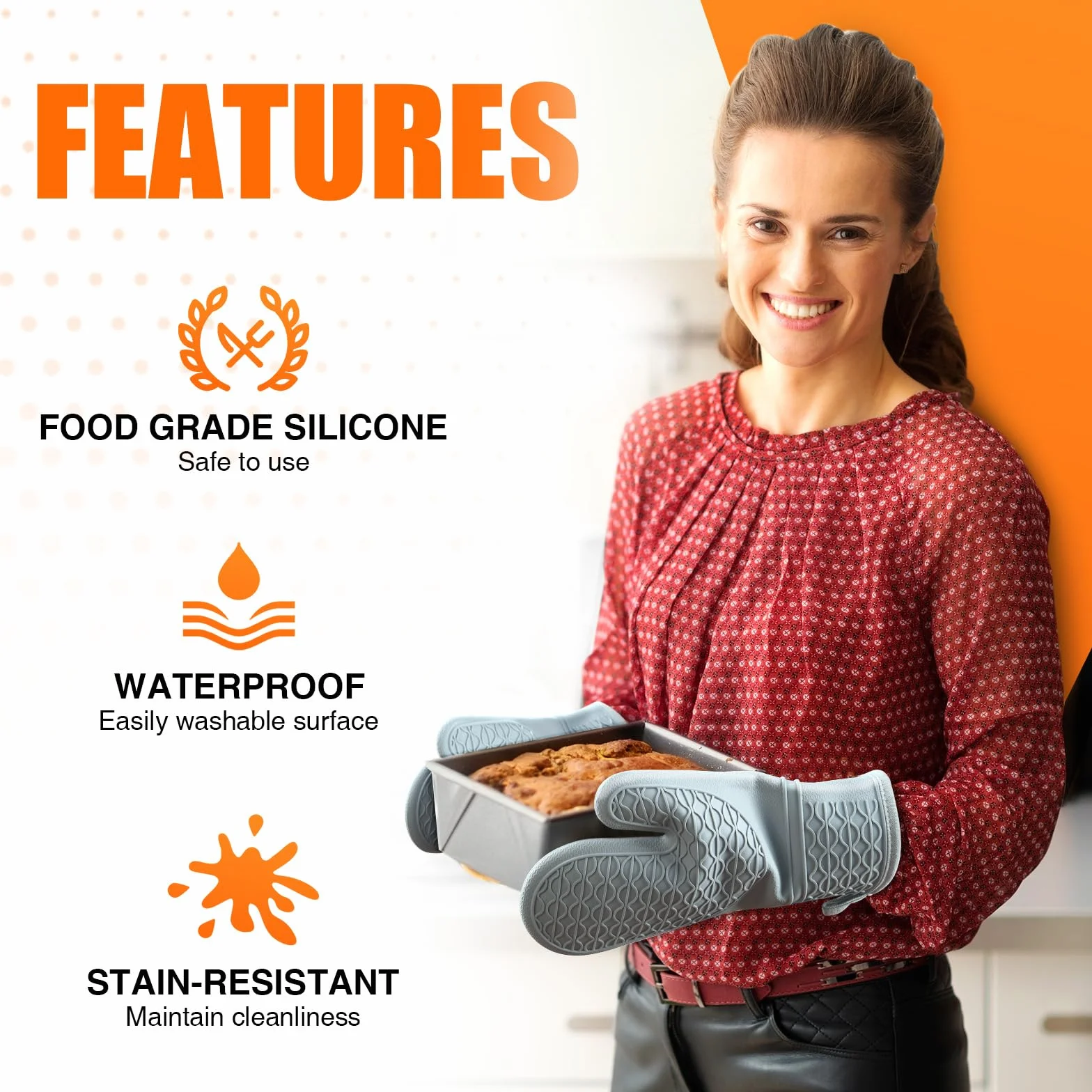 Silicone Oven Mitts Heat Resistant 2PCS with Soft Cotton Lining Waterproof Non-Slip Grip Kitchen Potholder 12.5 Inch Grey