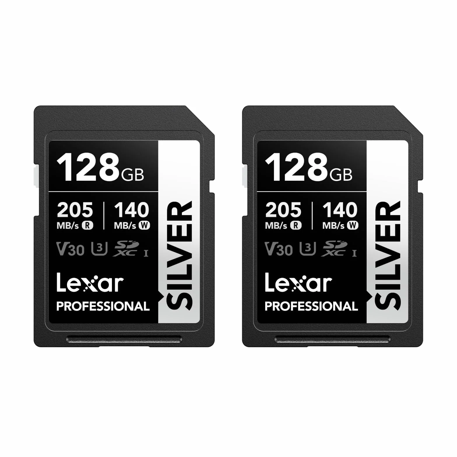 Lexar Karta SD Professional SILVER 128 GB 2 sztuki, odczyt do 205 MB/s, zapis 140 MB/s, karta pamięci SDXC UHS-I, klasa 10, U3, V30, karta SD dla profesjonalnych fotografów, kamerzystów, entuzjastów