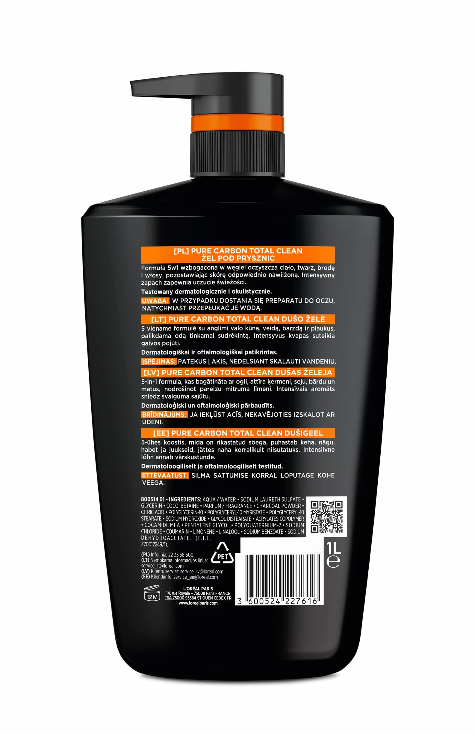 L'Oréal Paris Men Expert Pure Carbon 5W1, Żel do mycia ciała, 1L