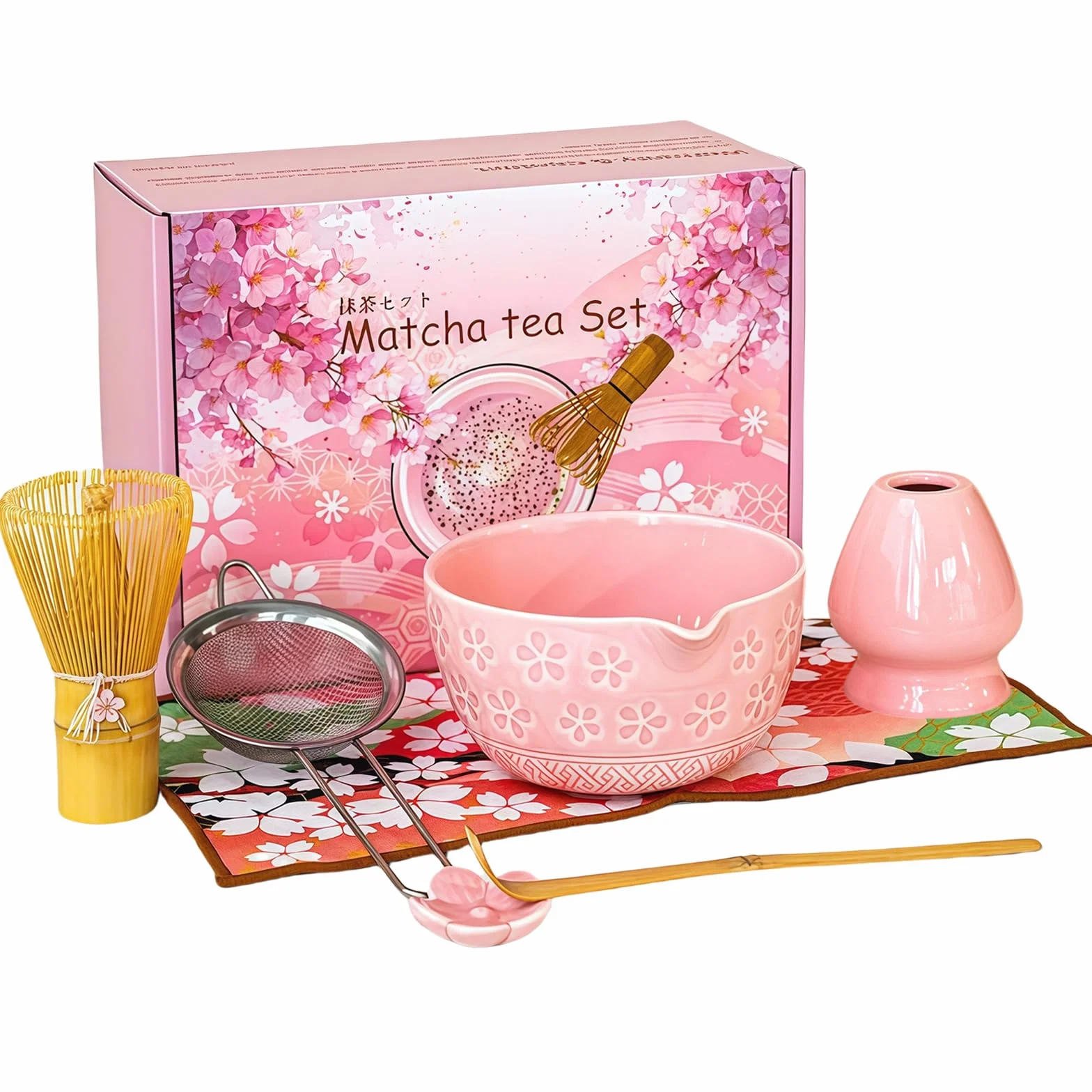 Zestaw matcha różowy 7-częściowy ceramiczny do herbaty z miotłą, miską, sitkiem