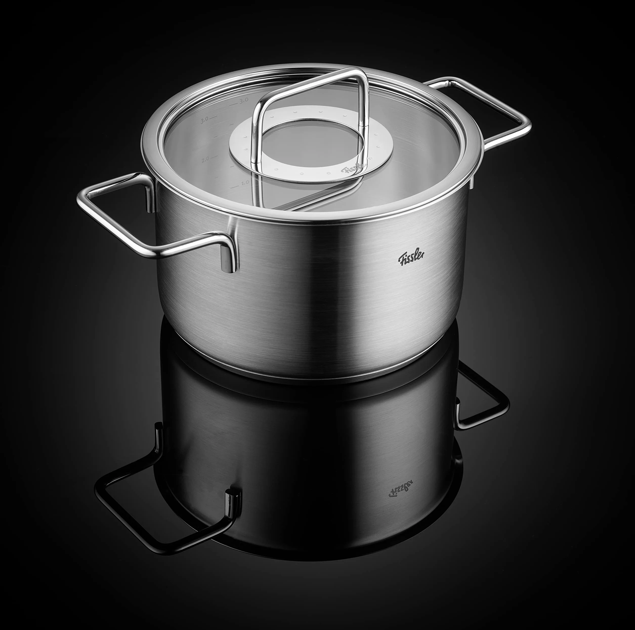 Fissler Pure Collection zestaw garnków ze stali nierdzewnej, 5-częściowy, garnki ze szklaną pokrywką (3 garnki, 1 garnek do pieczenia, 1 rondel) – indukcja