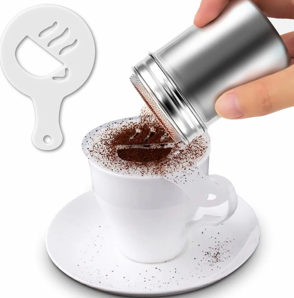Shaker do pudru ze stali nierdzewnej, 2 sztuki, szczotka do shaker, puszka do pieczenia z szablonami 16 szt.