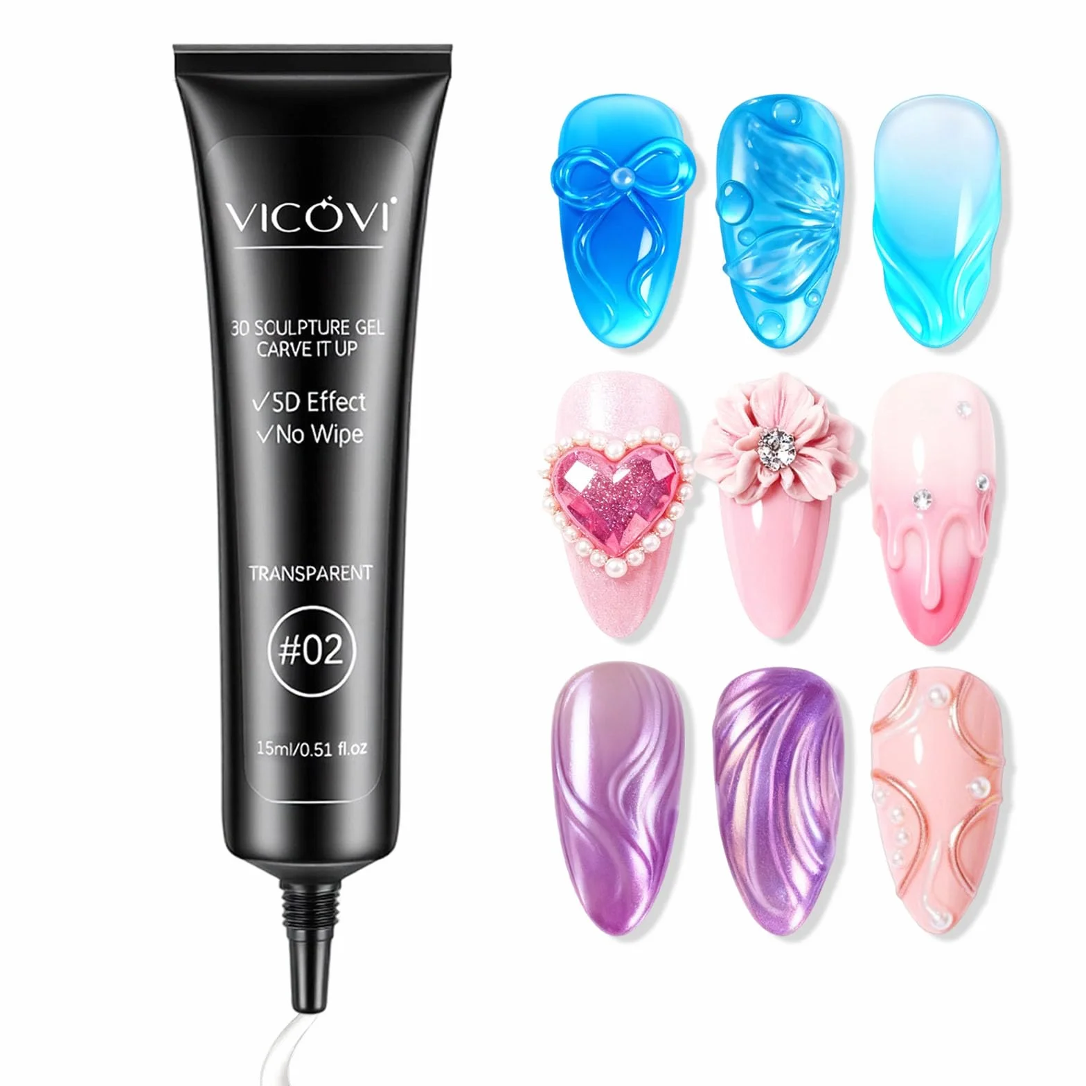 LOPHE Żel 3D Nail Art 15 ml, wielofunkcyjny żel do paznokci strasu, klej charms do rzeźbienia paznokci, modelowania paznokci, chromowany proszek do paznokci