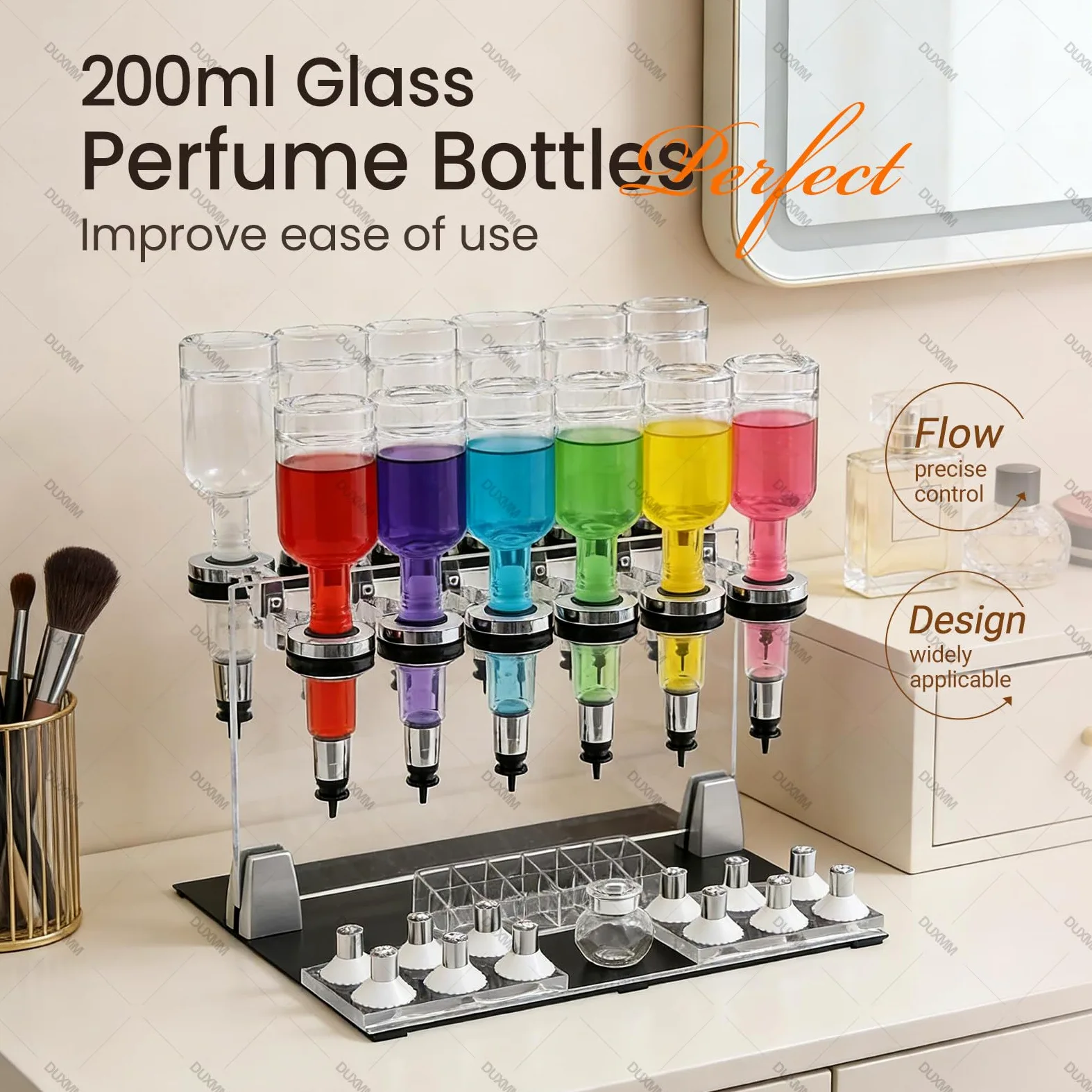 Szklane butelki o pojemności 200 ml, zestaw 12 butelek z ręcznym dozownikiem perfum, z kubeczkami do testowania, stacja do napełniania perfum w płynie, idealna do prezentacji zapachów