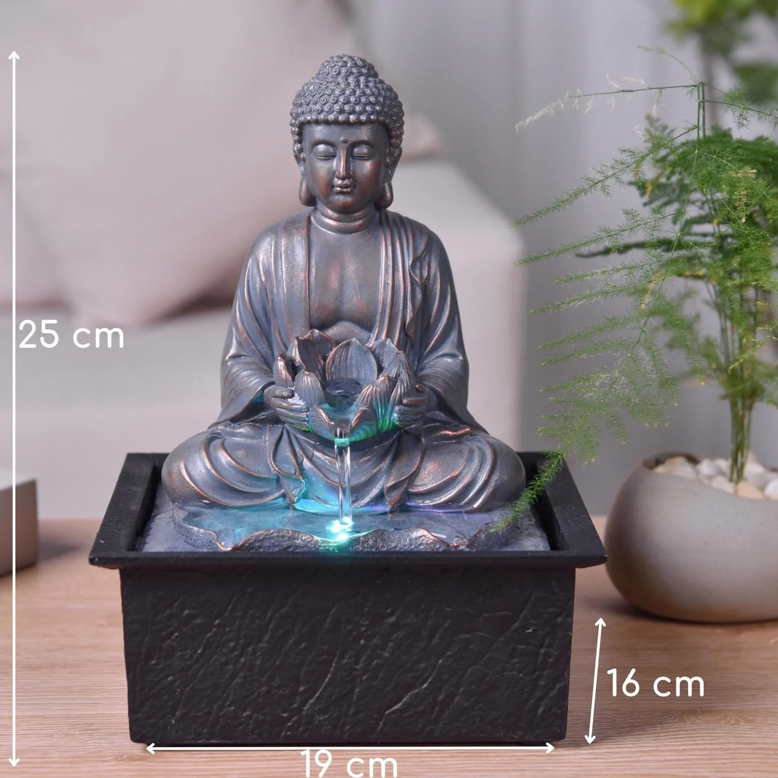 Fontanna wewnętrzna Budda Medytacja Lotos Kolorowe światło LED - Zen Deco Salon Sypialnia - Fontanna stołowa Relaksujący ruch - Przydatny prezent dla kobiet i mężczyzn - H 26cm - Sutra Zen'Light