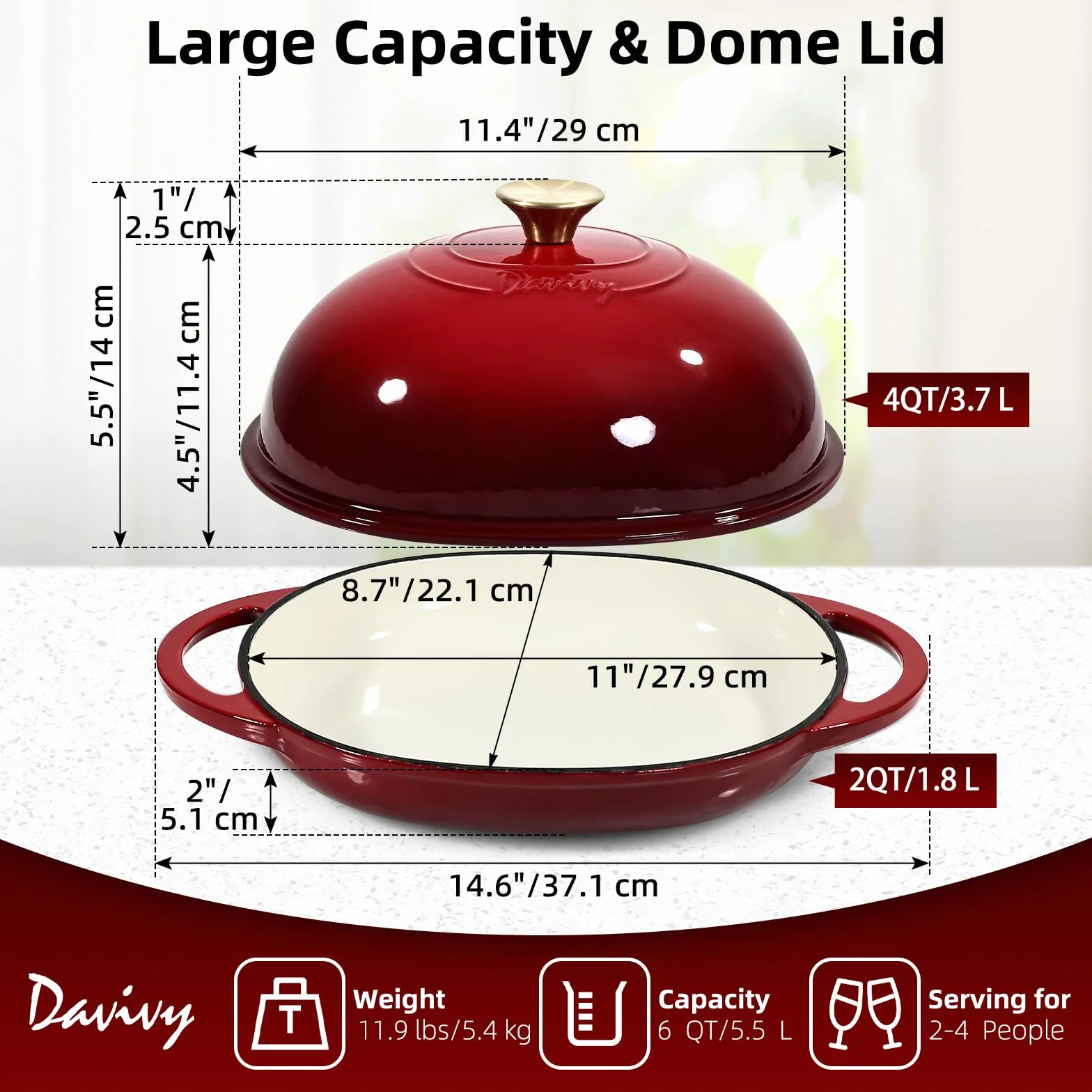 Davivy emaliowany żeliwny piec holenderski 5,5 l do chleba 6QT z wypukłą pokrywką rubinowy