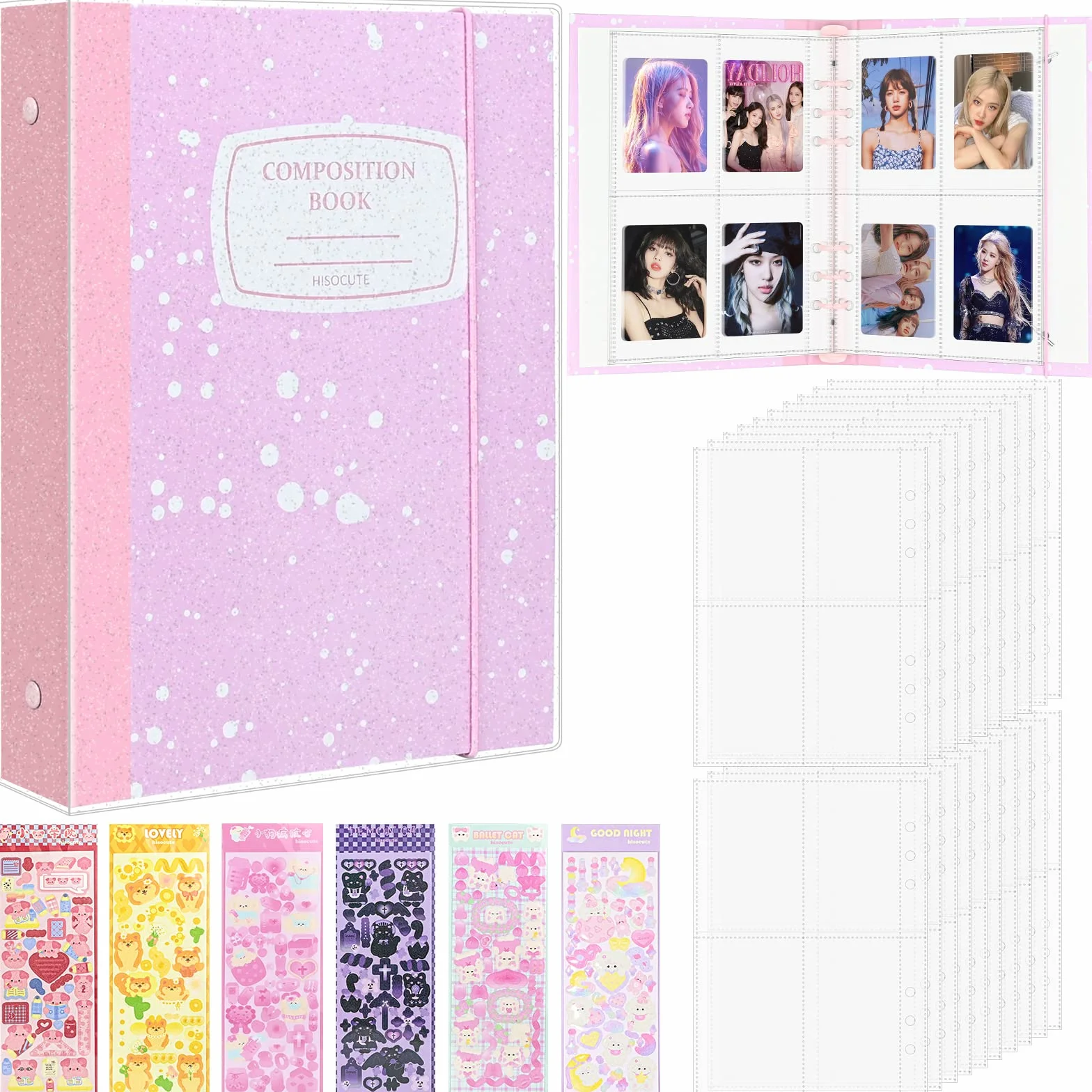 Album na karty fotograficzne A5, 7 cm, Kpop, z 20 arkuszami, 4 przegródkami, etui na zdjęcia (160 kieszeni), przezroczyste etui ochronne, 6 kolorowych naklejek, 6 segregatorów na zdjęcia