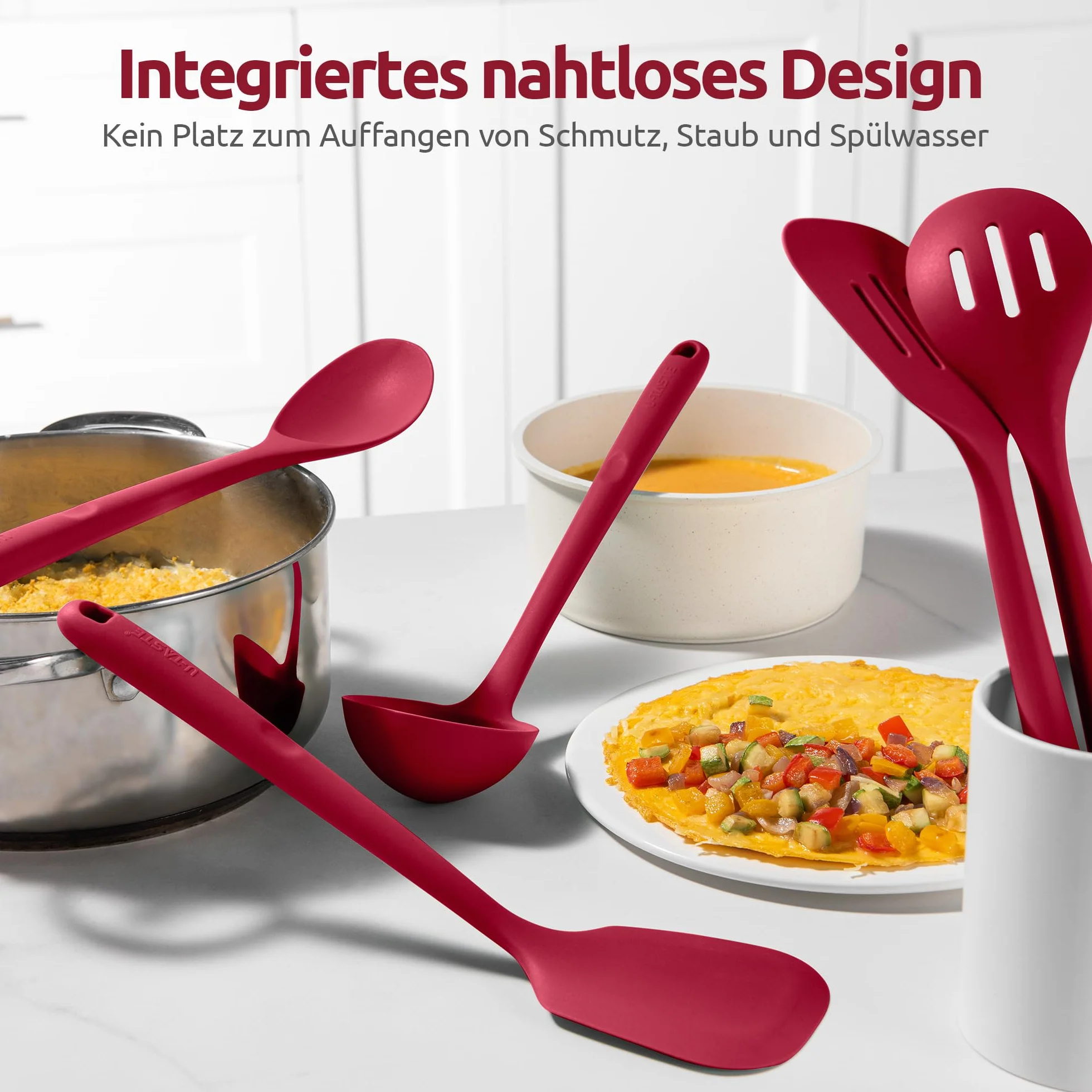 U-Taste Zestaw silikonowych przyborów kuchennych: Odporne na temperaturę 230°C długie przybory kuchenne niezawierające BPA nieprzywierające akcesoria kuchenne do mieszania (5 sztuk, Czerwony)