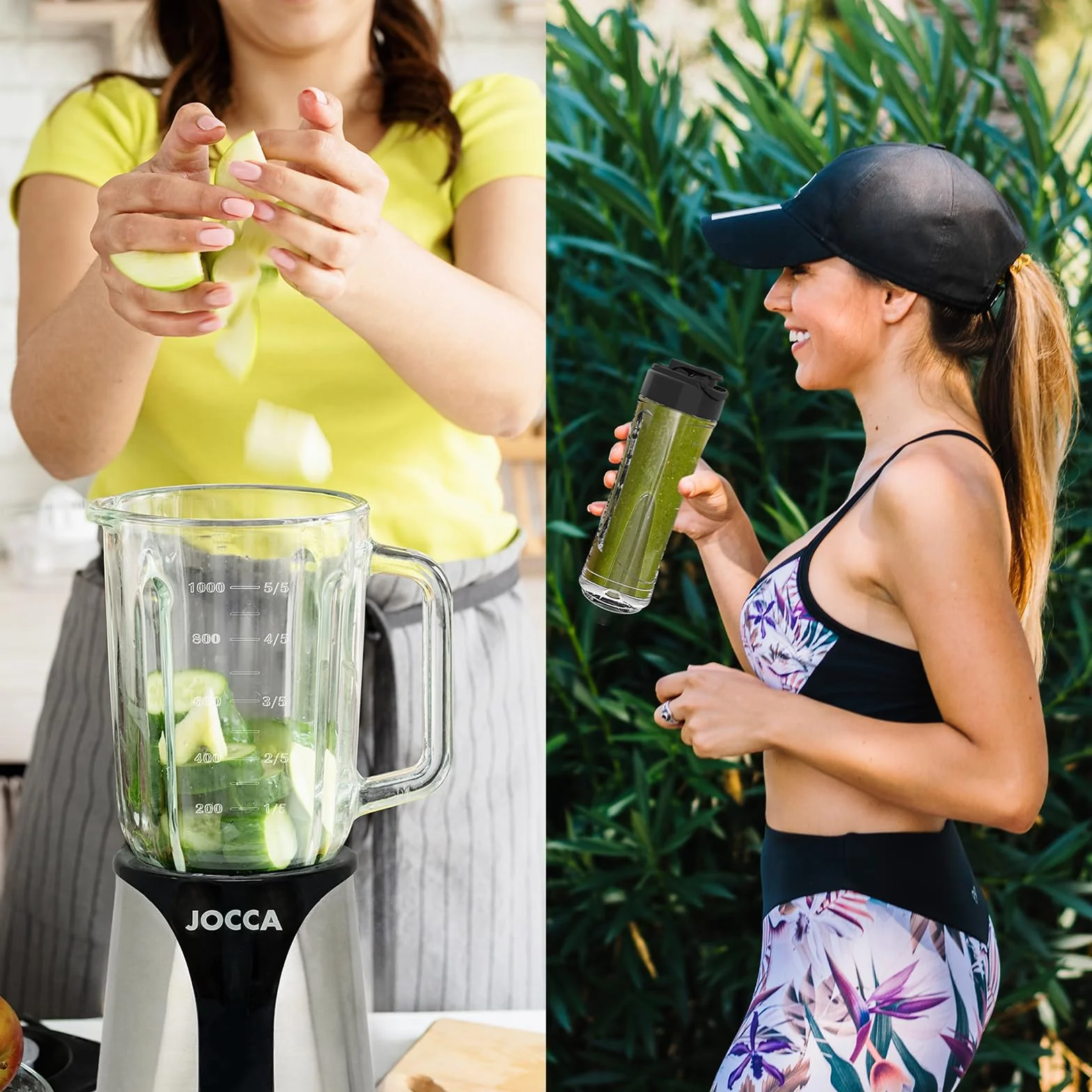 JOCCA - Mikser szklany z butelką podróżną/moc 350 W, blender/dzbanek 1L i butelka 600 Ml/światło LED, zdejmowana pokrywa, ostrza ze stali nierdzewnej (dzbanek + butelka 350 W)