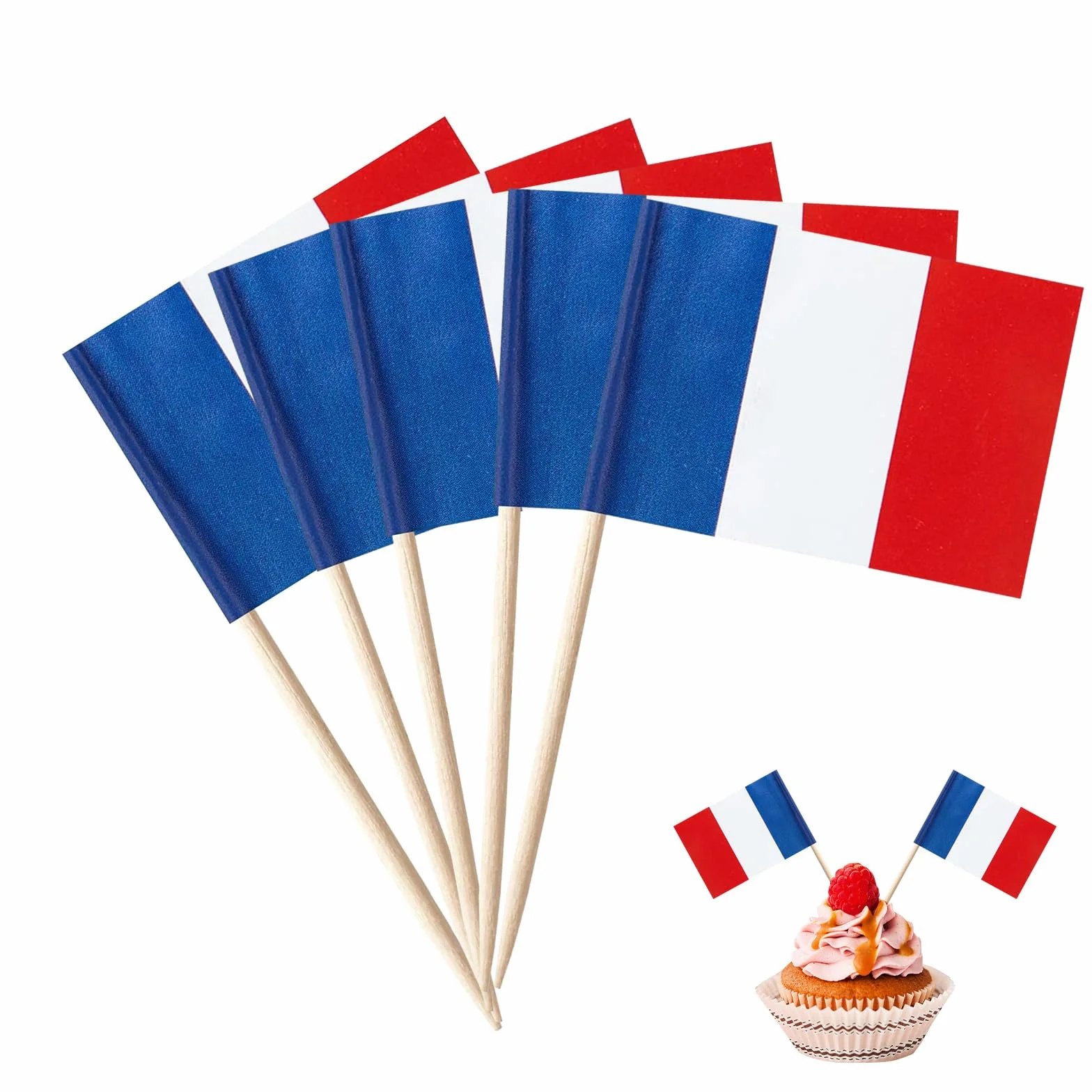 Wykałaczki z flagą Francji 100 sztuk, drewniane dekoracyjne wykałaczki do babeczek