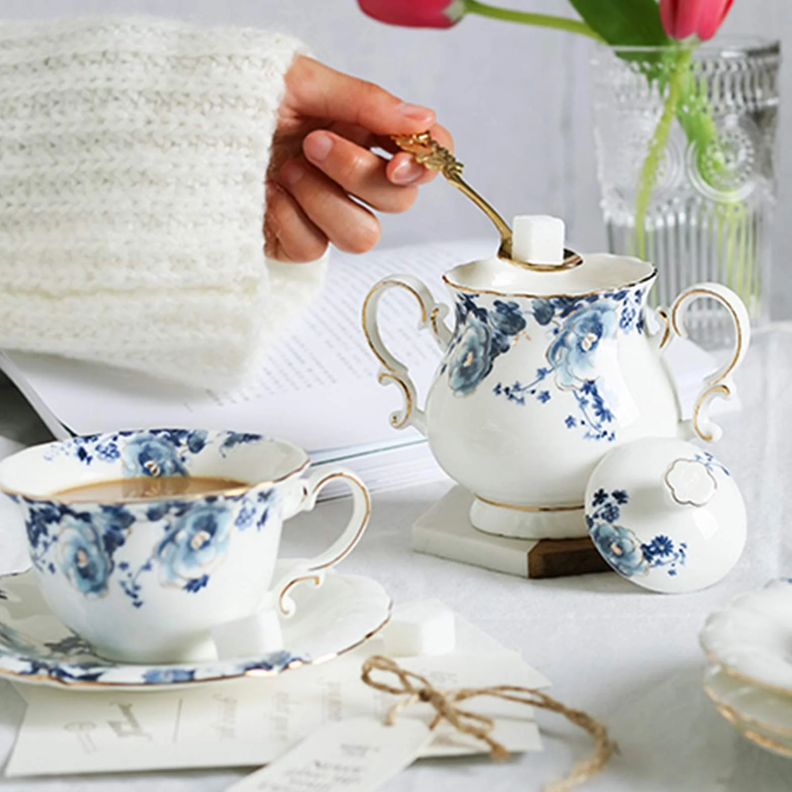 fanquare 15 sztuk zestaw do herbaty z porcelany niebieskie kwiaty, zestaw do kawy, zestaw ceramiczny do kawy, zestaw ślubny dla dorosłych