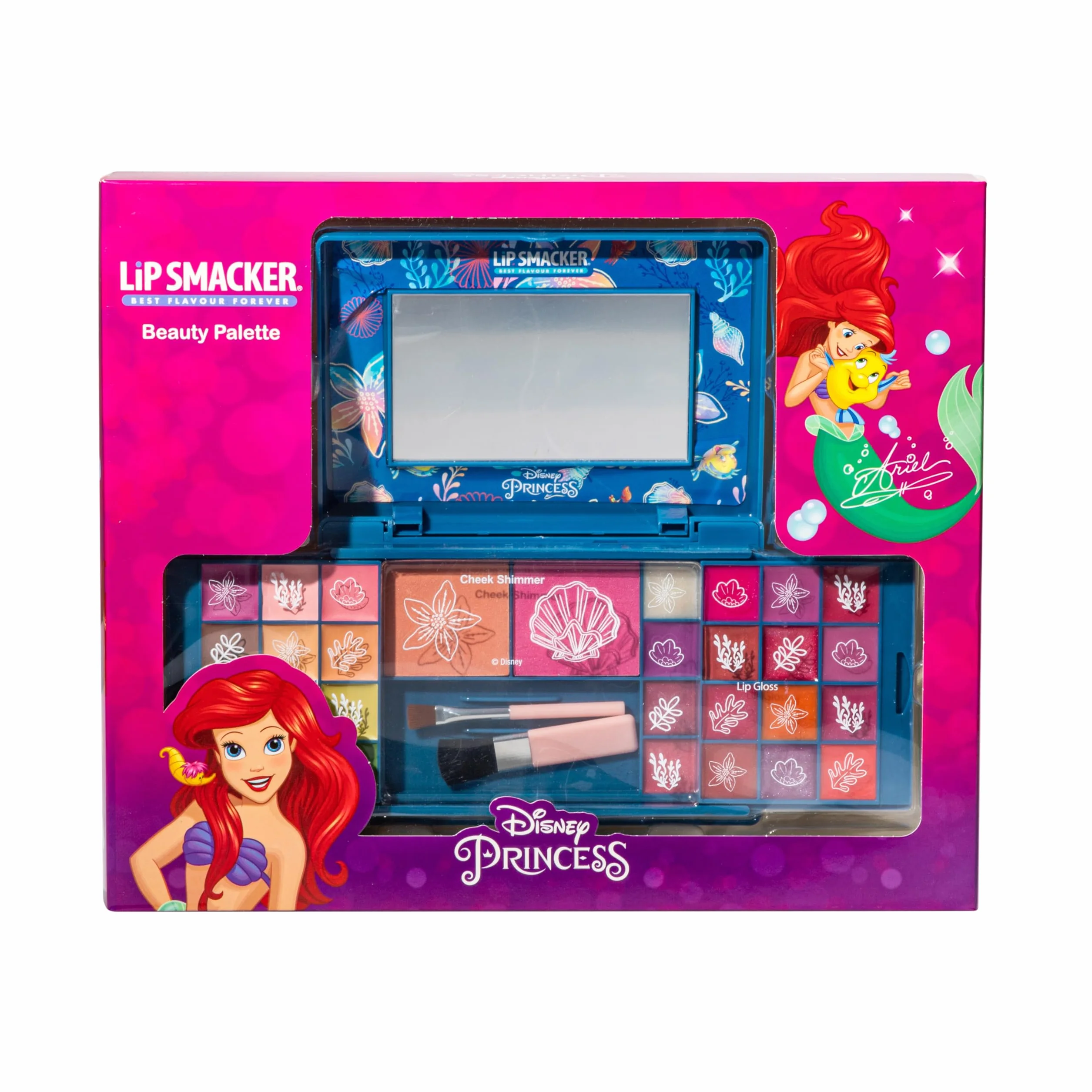 Lip Smacker Princess Ariel Beauty Palette, Zestaw Upominkowy do Makijażu z Kolorowymi Błyszczykami, Kremami, Różami i Bronzerem dla Wyglądu Księżniczki, w Tym Akcesoria do Makijażu i Lusterko