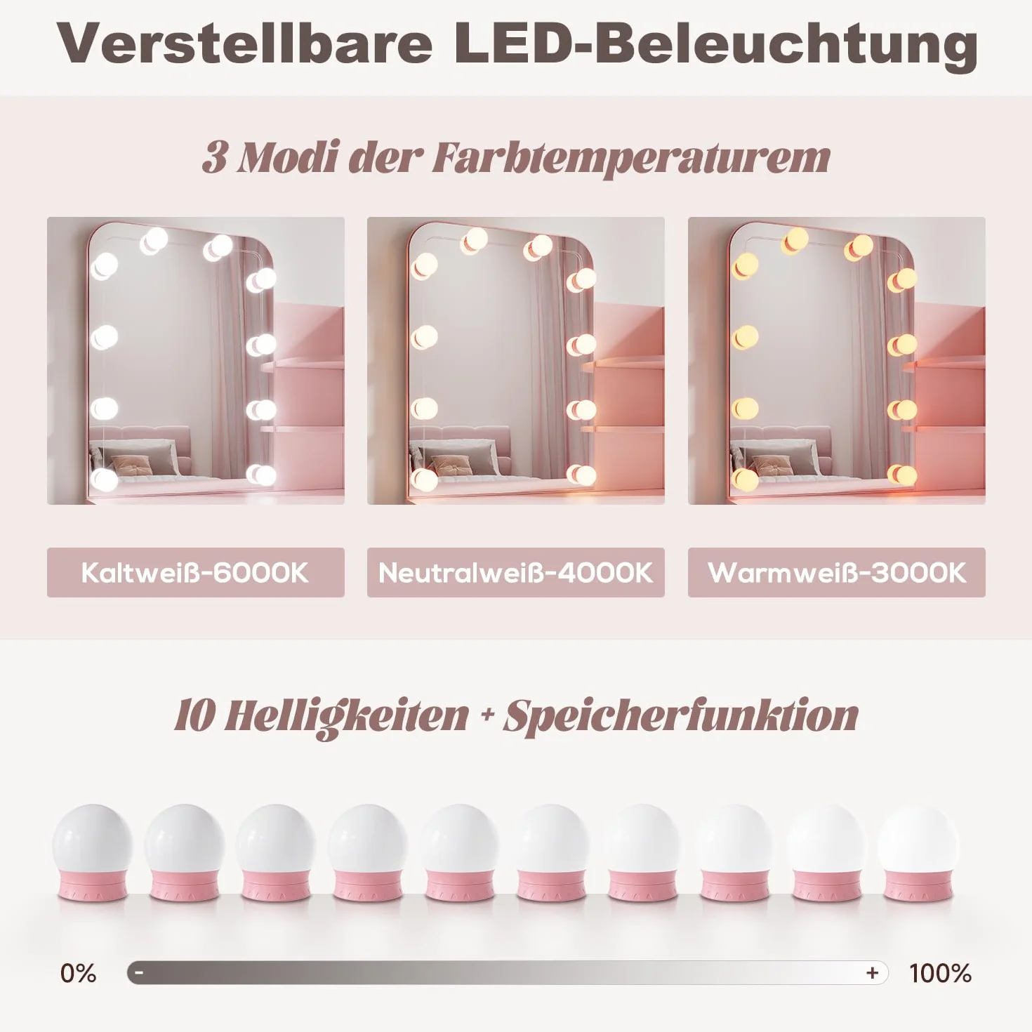 Toaletka dziecięca z oświetleniem LED, toaletka z lustrem i szufladą, dla dziewczynek, księżniczki, toaletka (różowa) 700 x 400 x 1400 mm