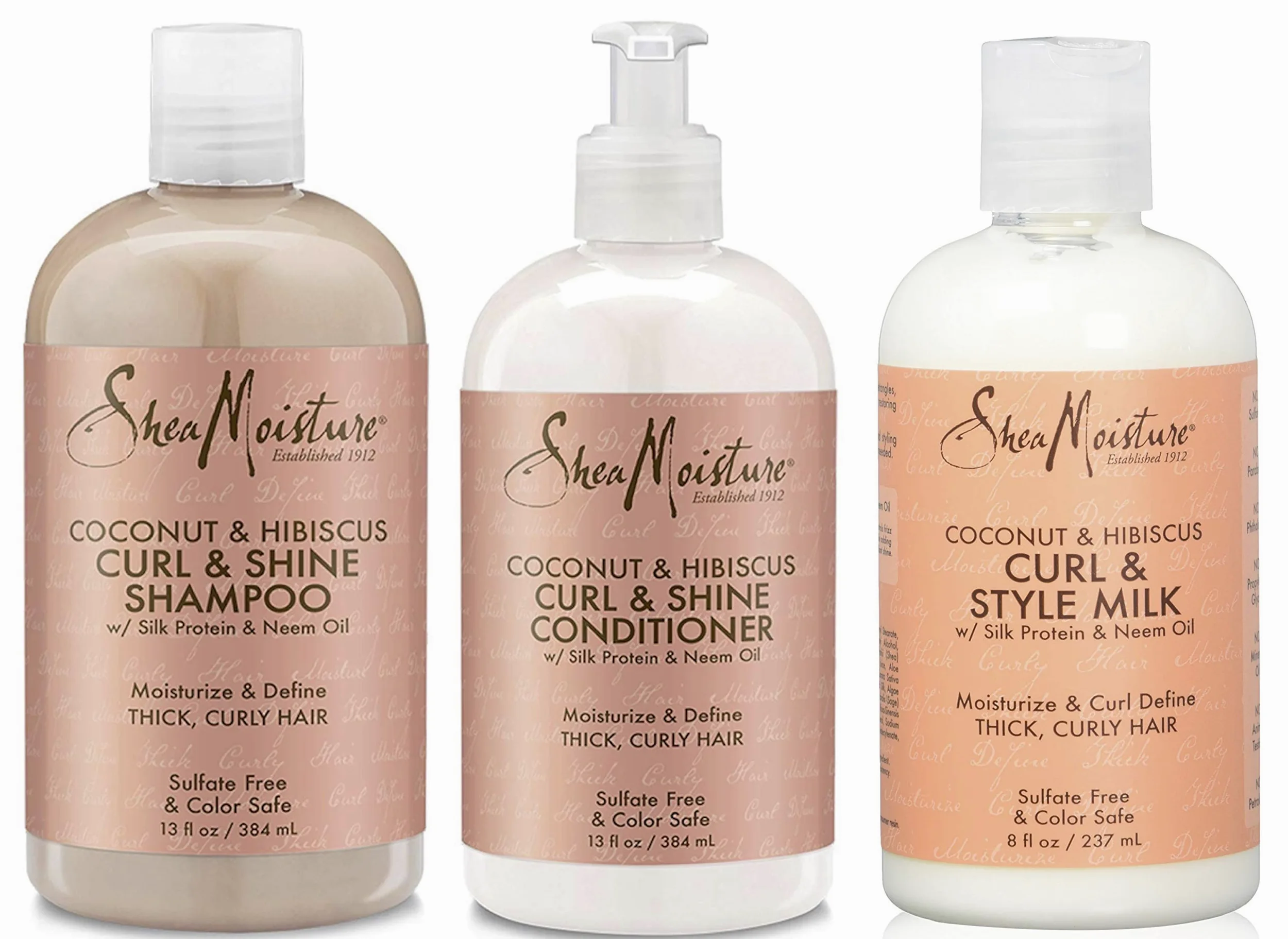 Shea Moisture - 3-częściowy zestaw do pielęgnacji włosów z kokosa i hibiskusa, kręconych włosów, szampon, odżywka, mleko do stylizacji