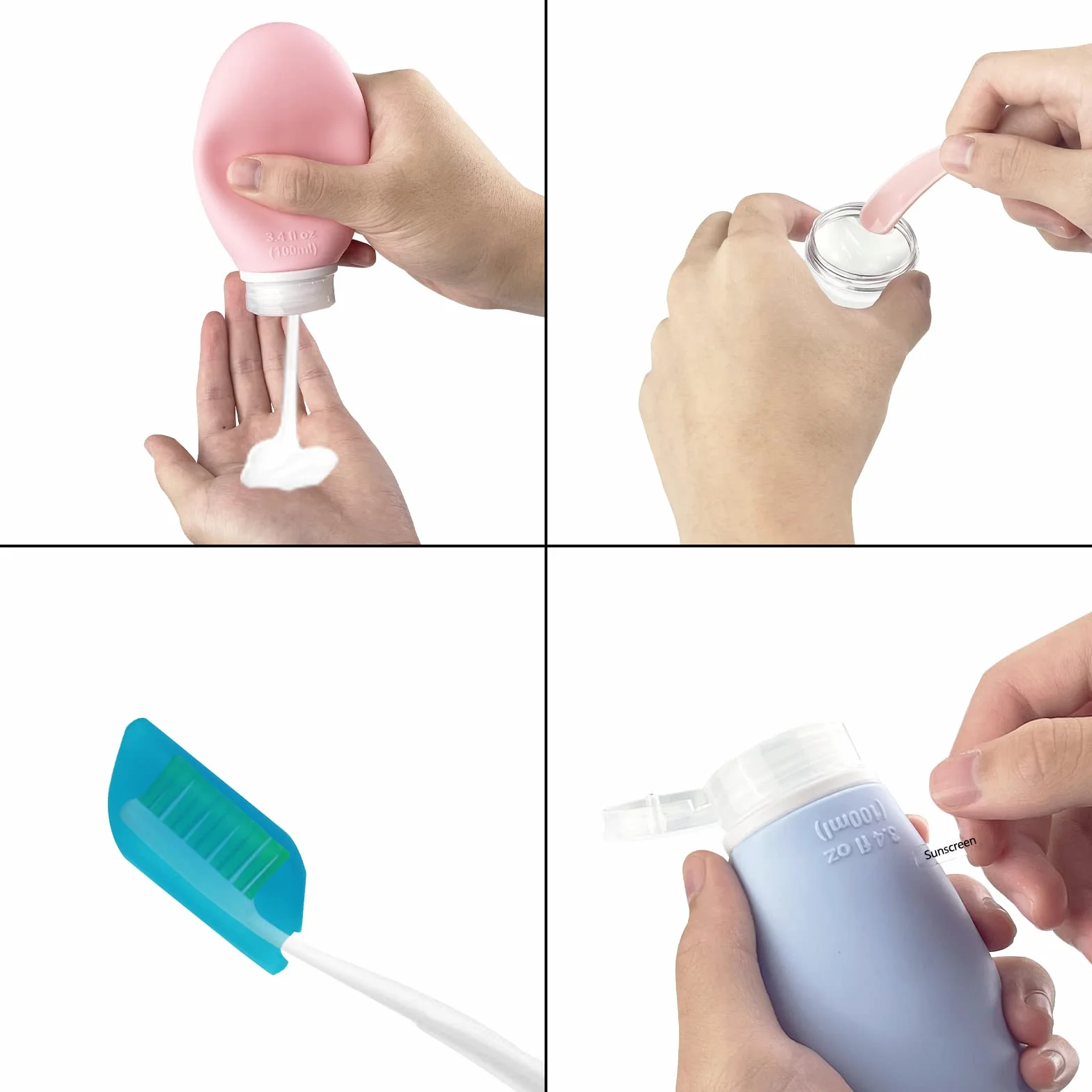 Gvolatee Zestaw 9 silikonowych butelek podróżnych, do napełniania, 100 ml, szczelne, do wielokrotnego napełniania, zestaw przyborów toaletowych z kosmetyczką, do szamponu, odżywki do kremu, balsamu