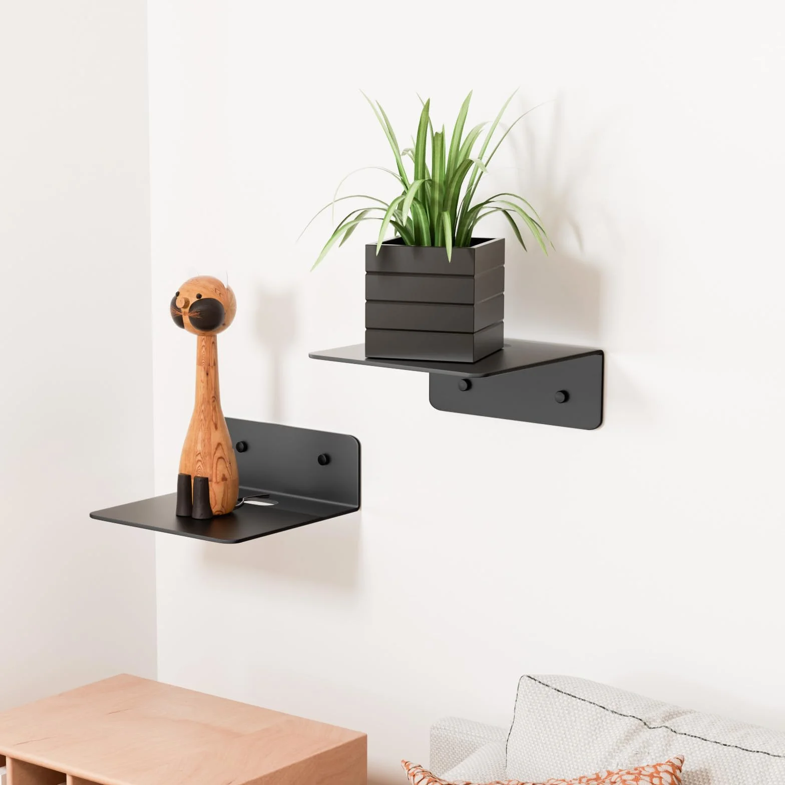 Wisafame Czarne metalowe półki ścienne 12,5 cm zestaw 2 sztuk z otworami na kabel