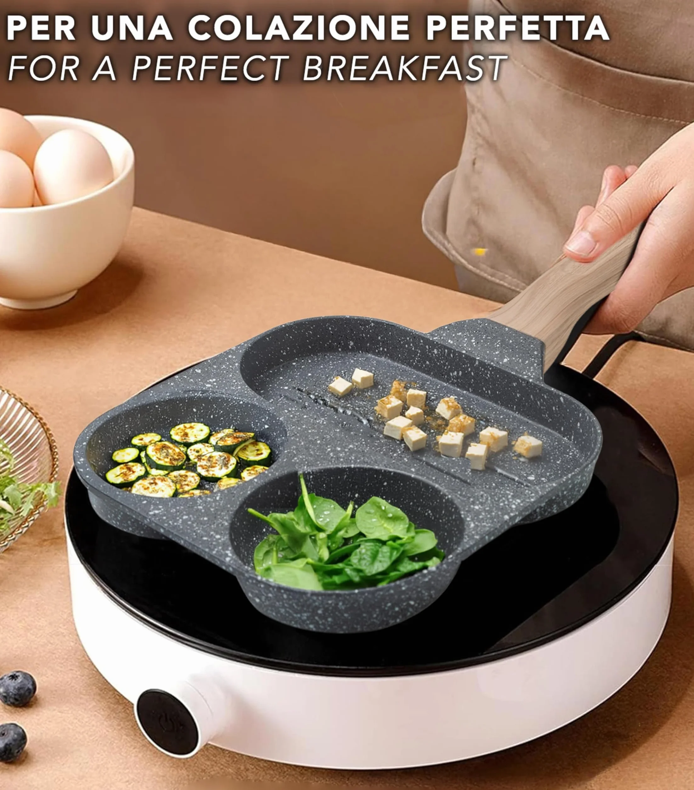 IPEA Nieprzywierająca patelnia do naleśników do indukcji i gazu – 21 cm, aluminiowa patelnia antyadhezyjna, do omletów, naleśników, jaj, hamburgerów, patelni z 4 formami - Super wygodny uchwyt