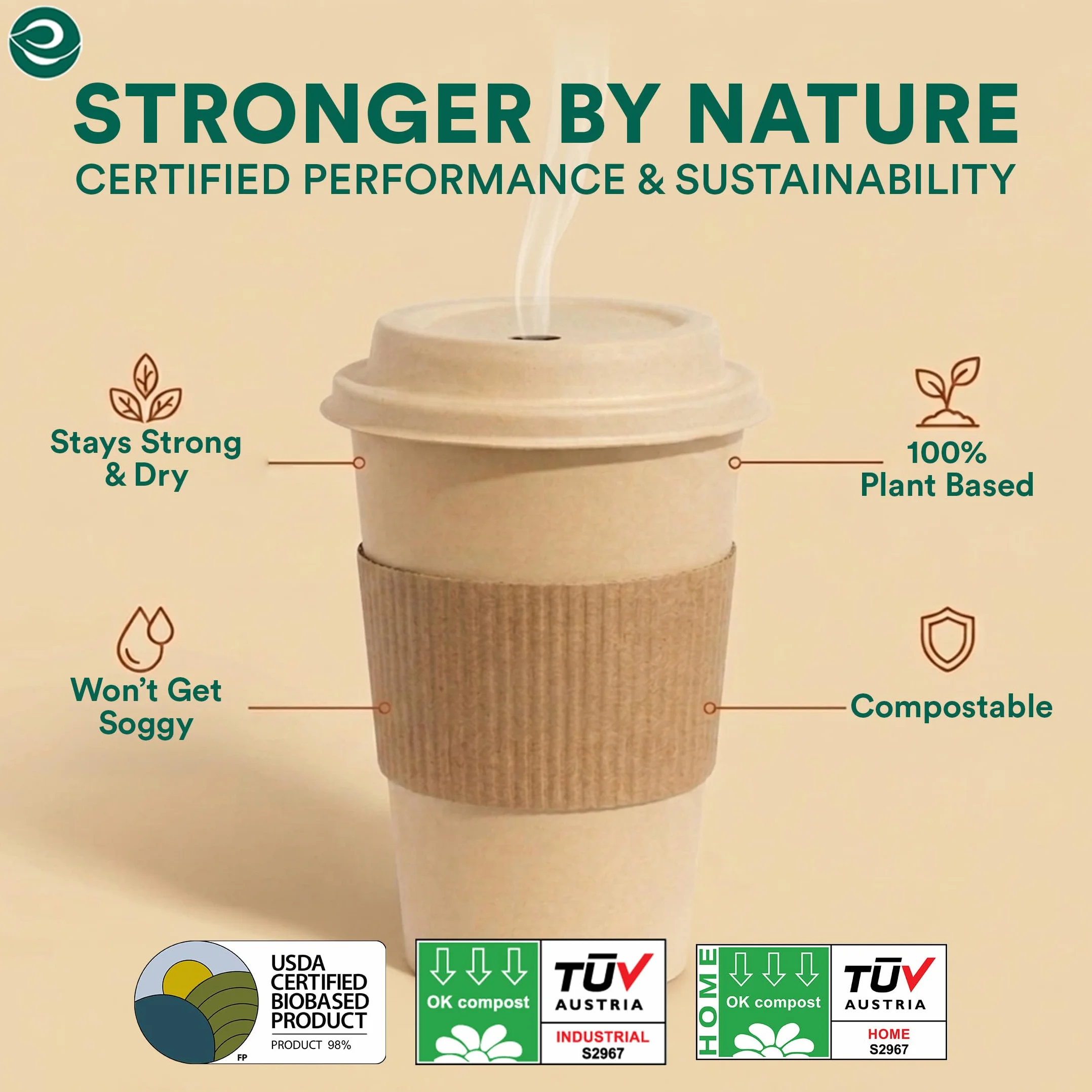 ECO SOUL W 100% kompostowalne kubki na bazie roślin (bez PFAS) 473 ml z kompostowalnymi rękawami i pokrywkami, 100 sztuk, jednorazowe papierowe kubki | przyjazne dla środowiska kubki, wytrzymałe,