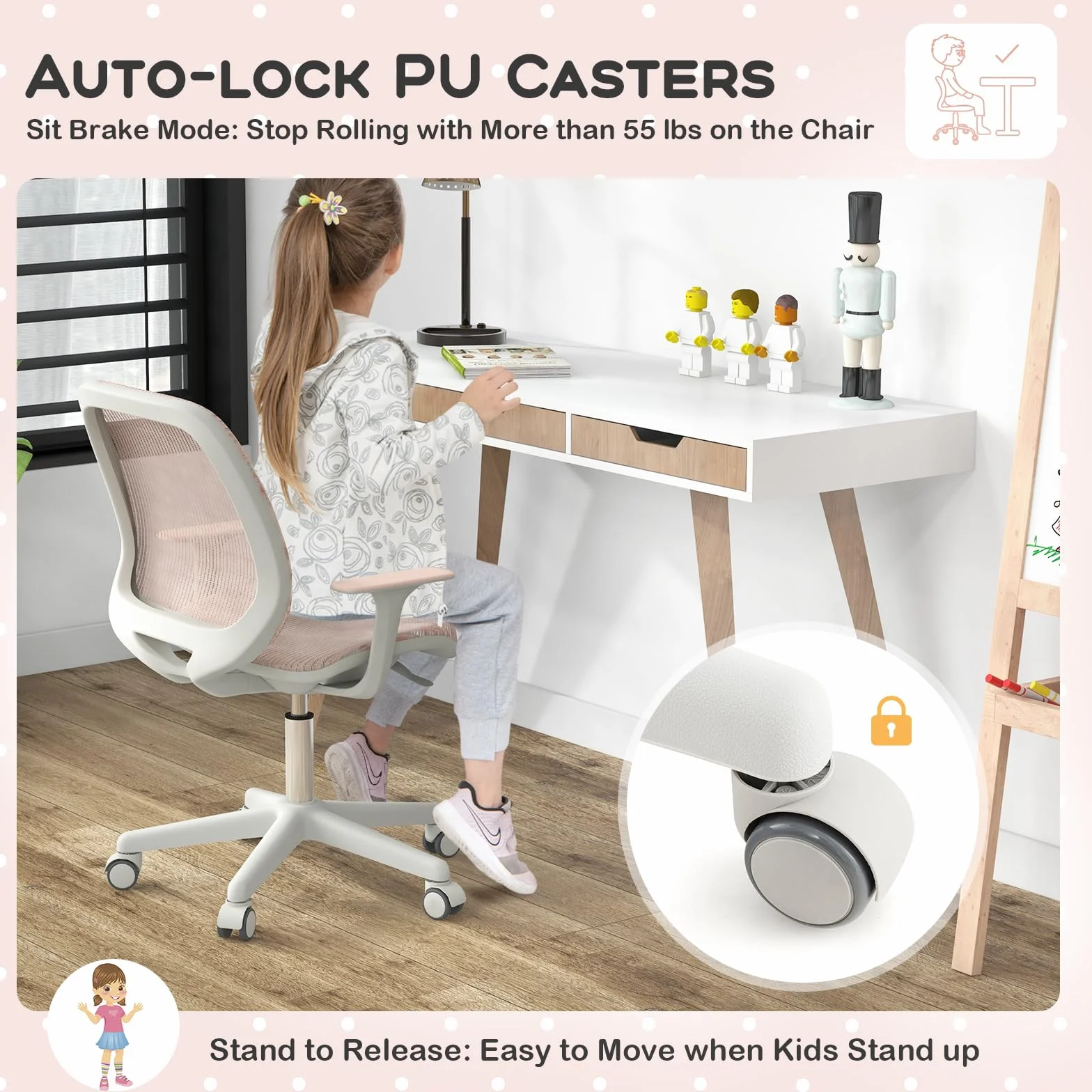 LIFEZEAL Wyściełane krzesło biurkowe dla dzieci, obrotowy fotel dla dzieci, krzesło do biurka z regulacją wysokości od 80 do 92 cm, ergonomiczne krzesło dla dzieci do nauki, maks. 75 kg (różowe)
