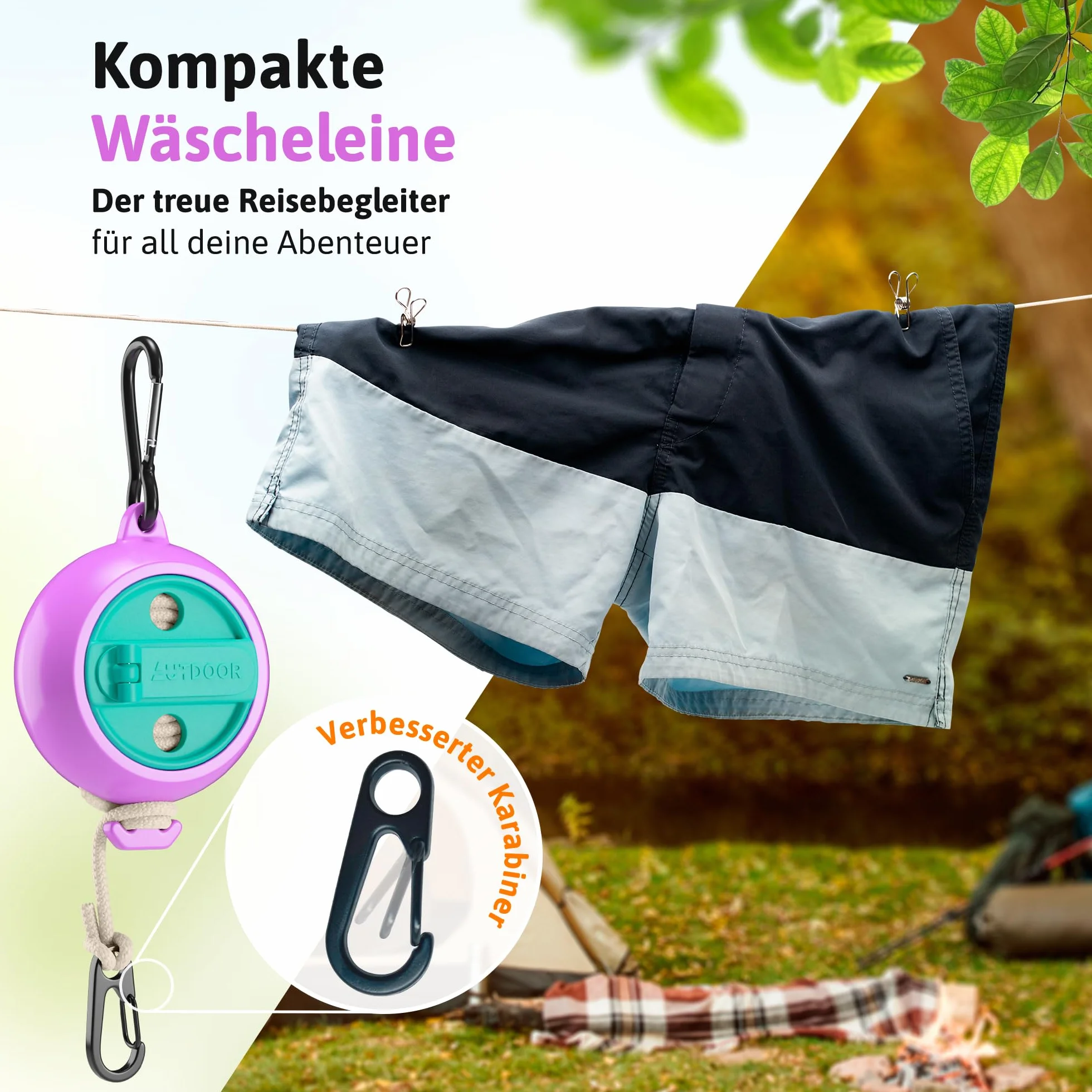 AUTDOOR® Rozsuwana linka do suszenia prania – z rozkładaną korbą ręczną do łatwego zwijania – wytrzymała linka podróżna 10 m na kemping, do kampera i na balkon (pastelowy retro)