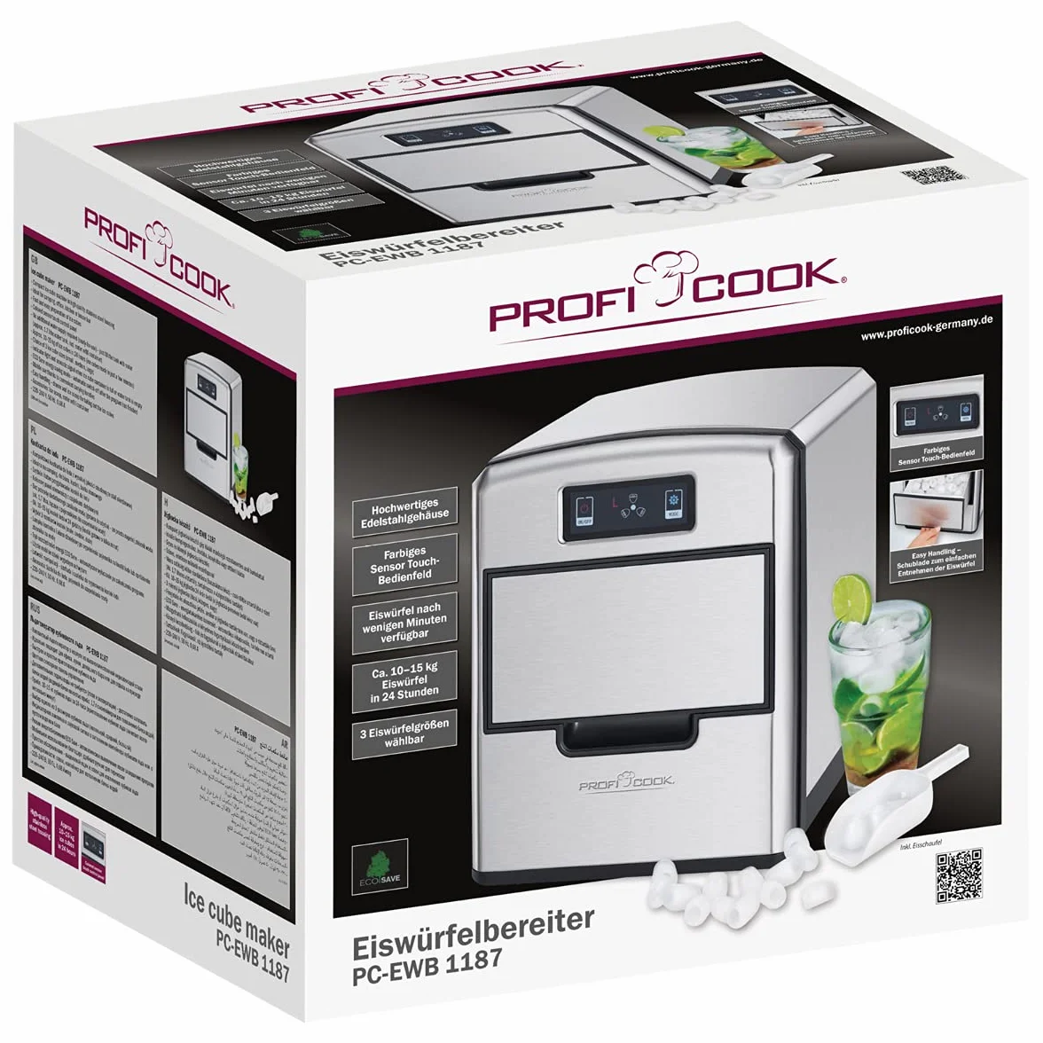 ProfiCook® PC-EWB1187 Elektryczna kostkarka do lodu do 10-15 kg / 24-godzinny czujnik dotykowy, zbiornik na wodę 1,7 l, kostka lodu w 10 minut, 3 rozmiary kostek lodu