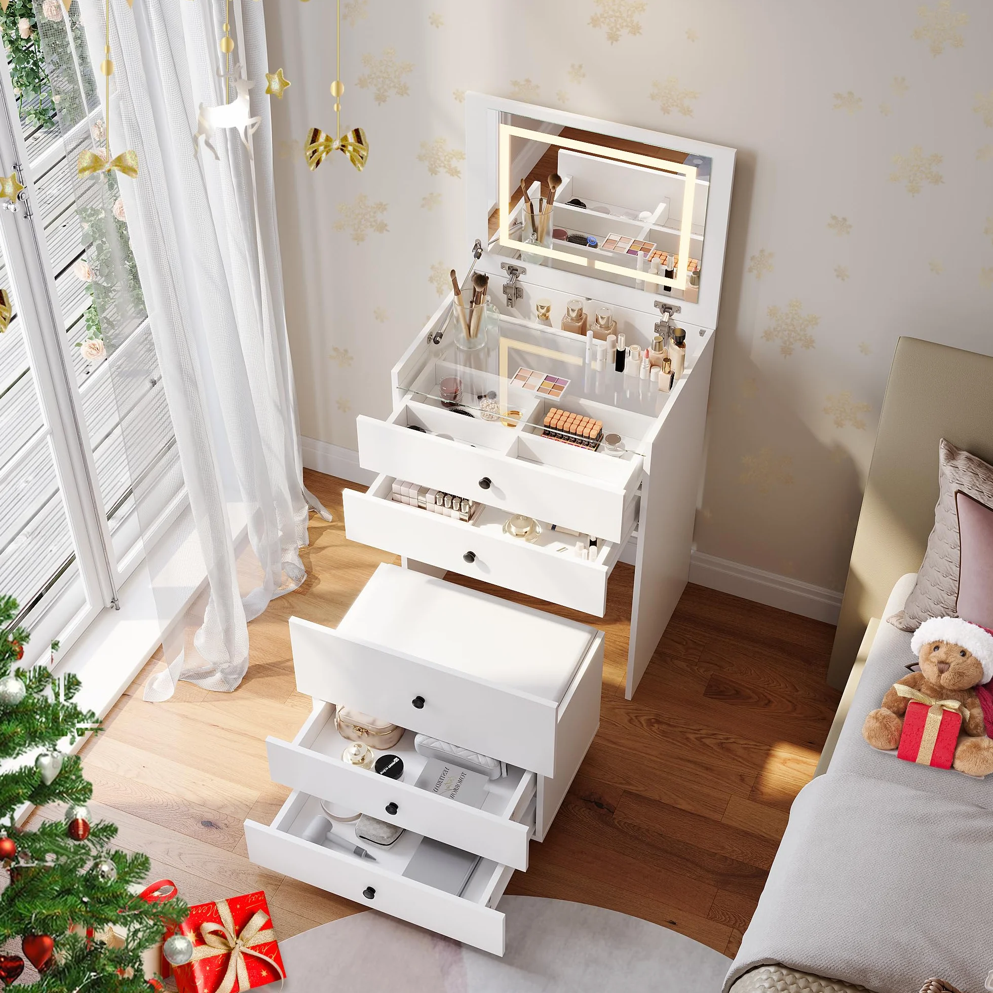 SONNI Toaletka 3 w 1 ze składanym lustrem i diodami LED, toaletka z widocznym szklanym blatem, 4 szuflady, taboret do przechowywania z 4 uniwersalnymi rolkami, toaletka do sypialni, biała, 60 x 45 x