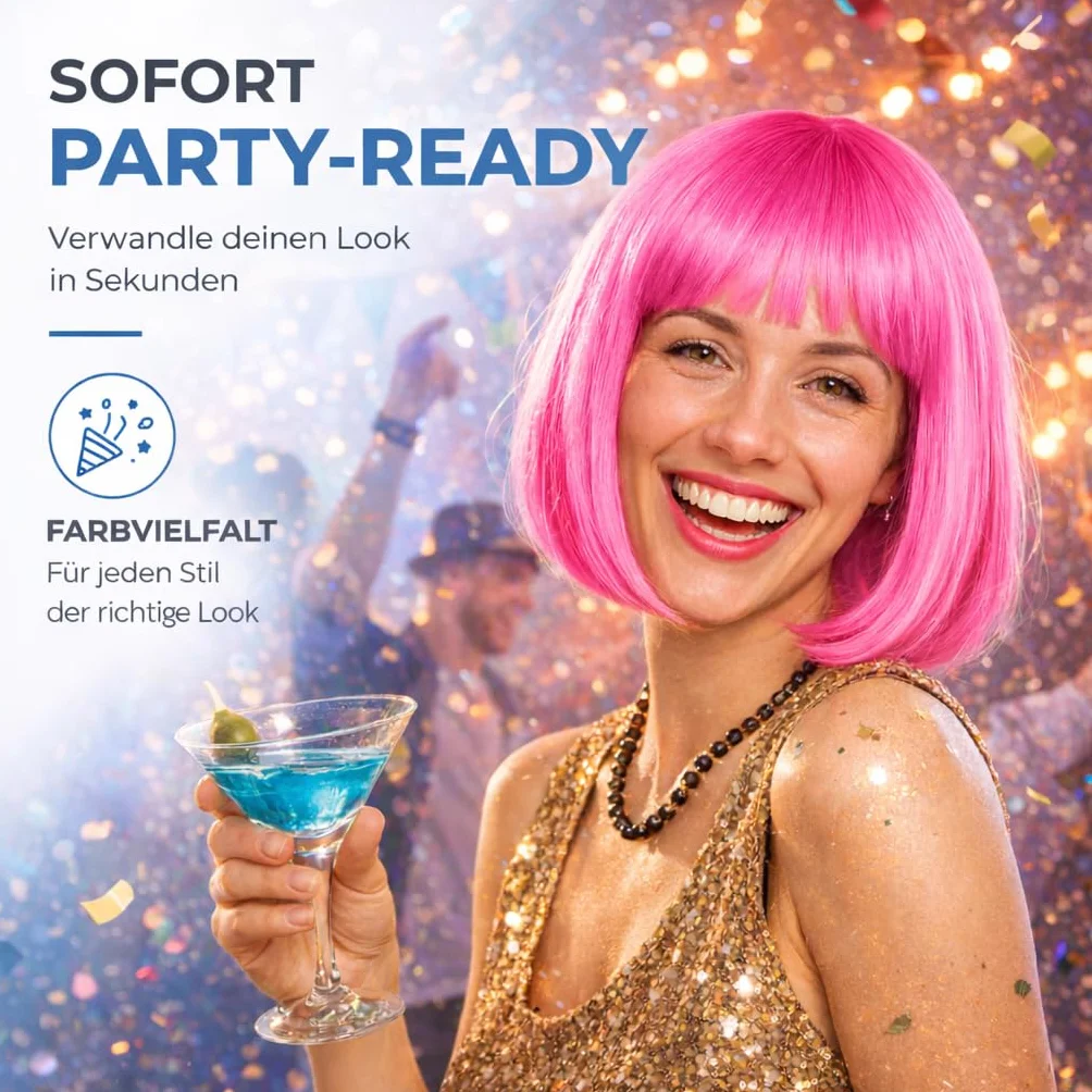Krótka peruka bob w stylu retro na karnawał i imprezy kostiumowe cabaret charleston neon różowa