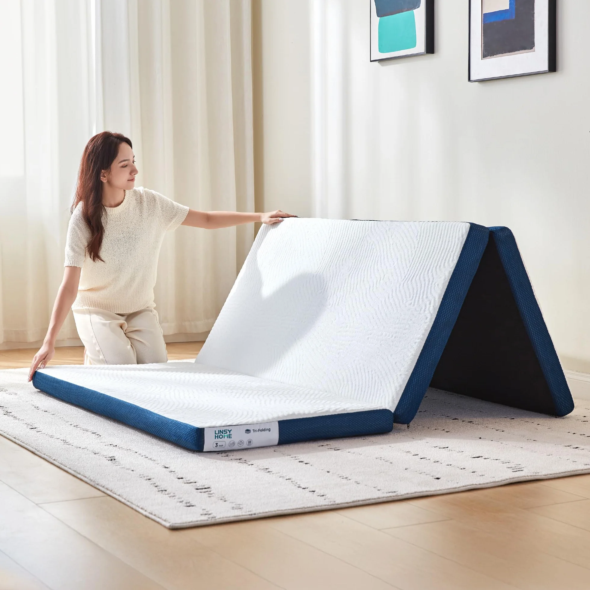 LINSY HOME Składany materac 160 x 200 cm z wyjątkowo wodoodporną poszewką, 7,5 cm materac Tencel Trifold, materac z pianki z pamięcią kształtu, składany, przenośny, łatwy do przechowywania, sofa do